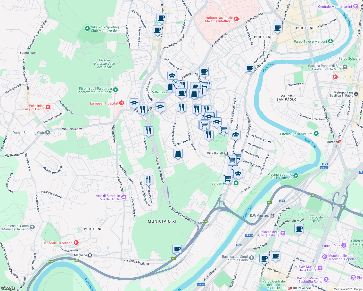 map of restaurants, bars, coffee shops, grocery stores, and more near 20 Largo Lenin in Roma