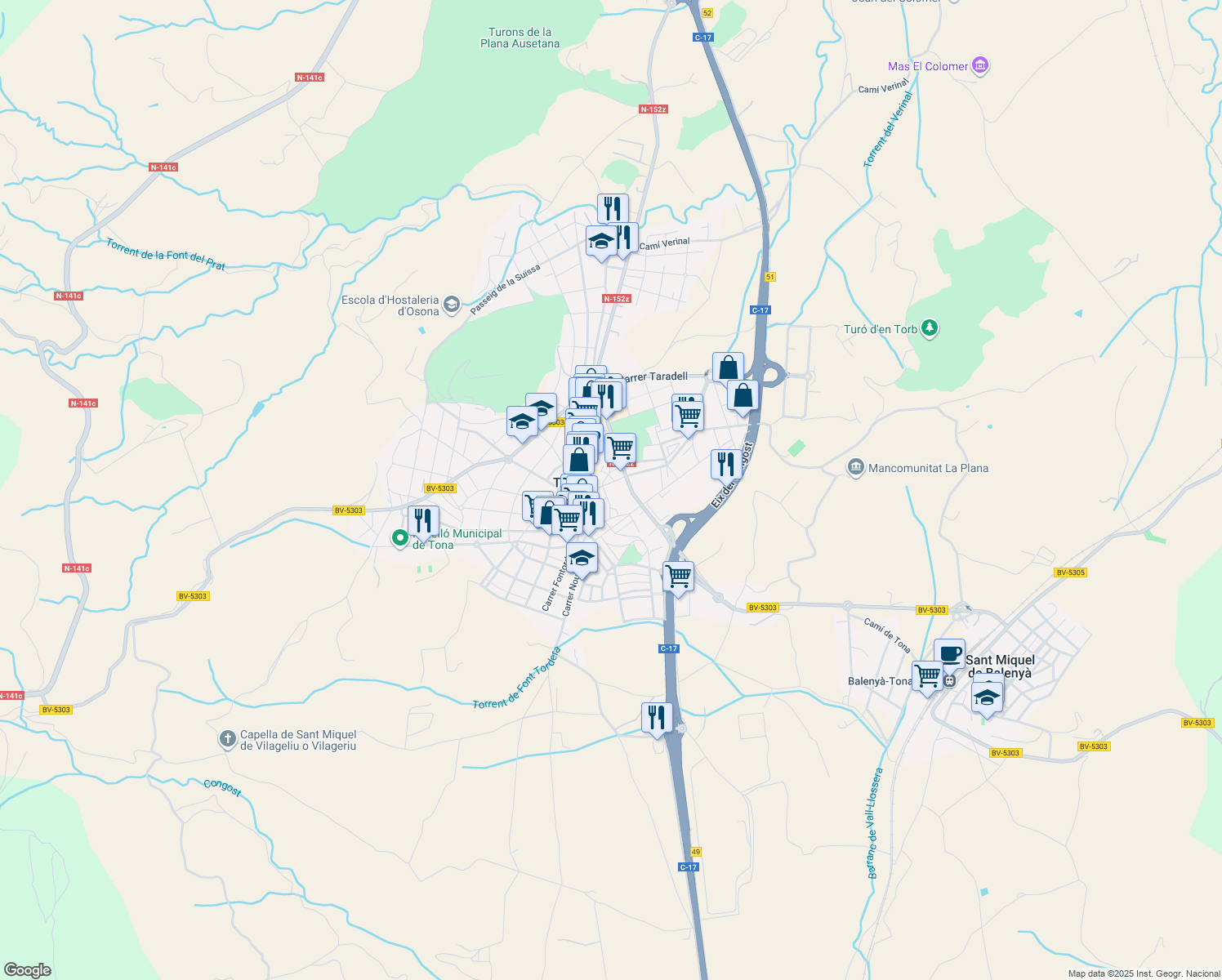 map of restaurants, bars, coffee shops, grocery stores, and more near 40 Carrer Joan Maragall in Tona