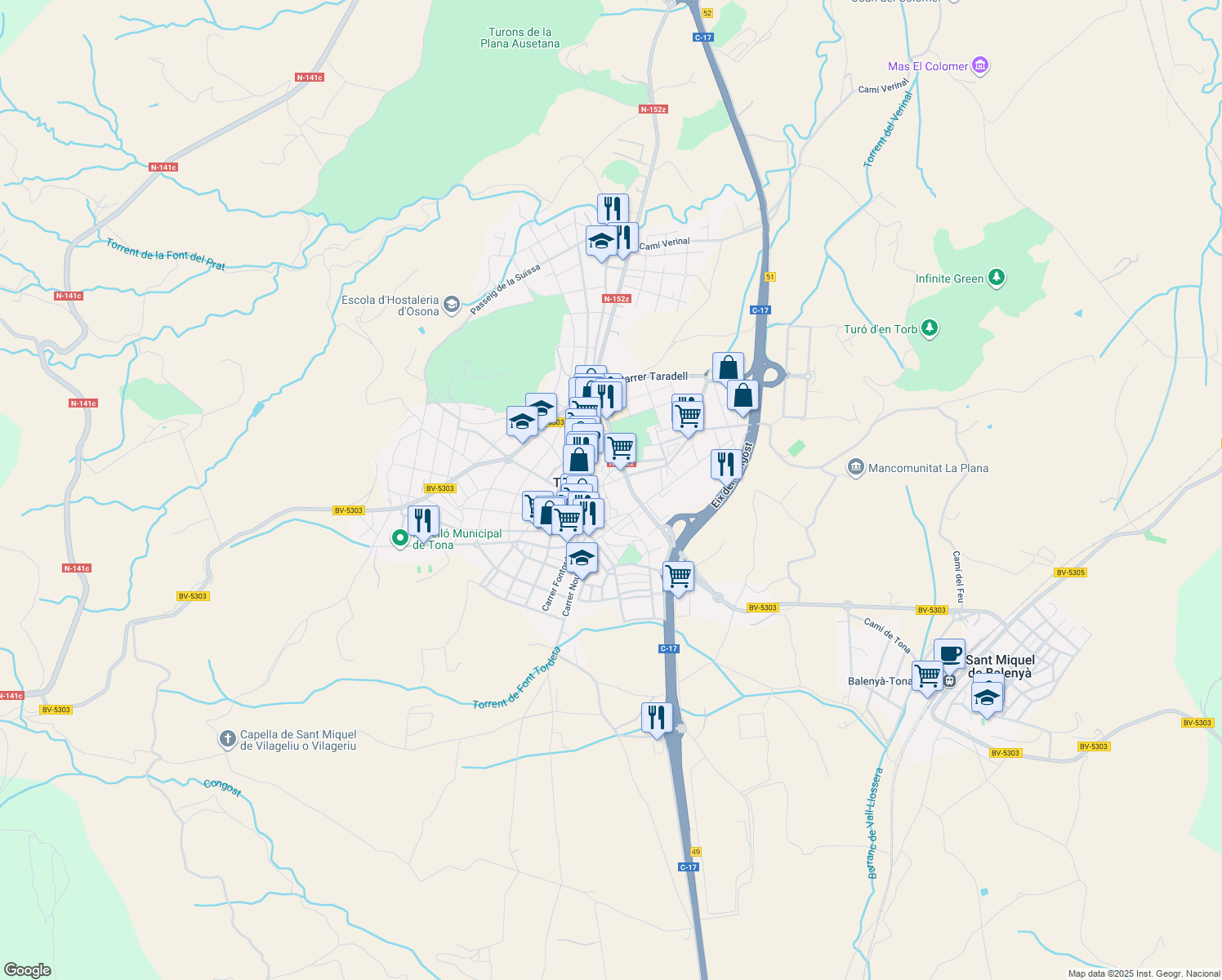 map of restaurants, bars, coffee shops, grocery stores, and more near 40 Carrer Joan Maragall in Tona