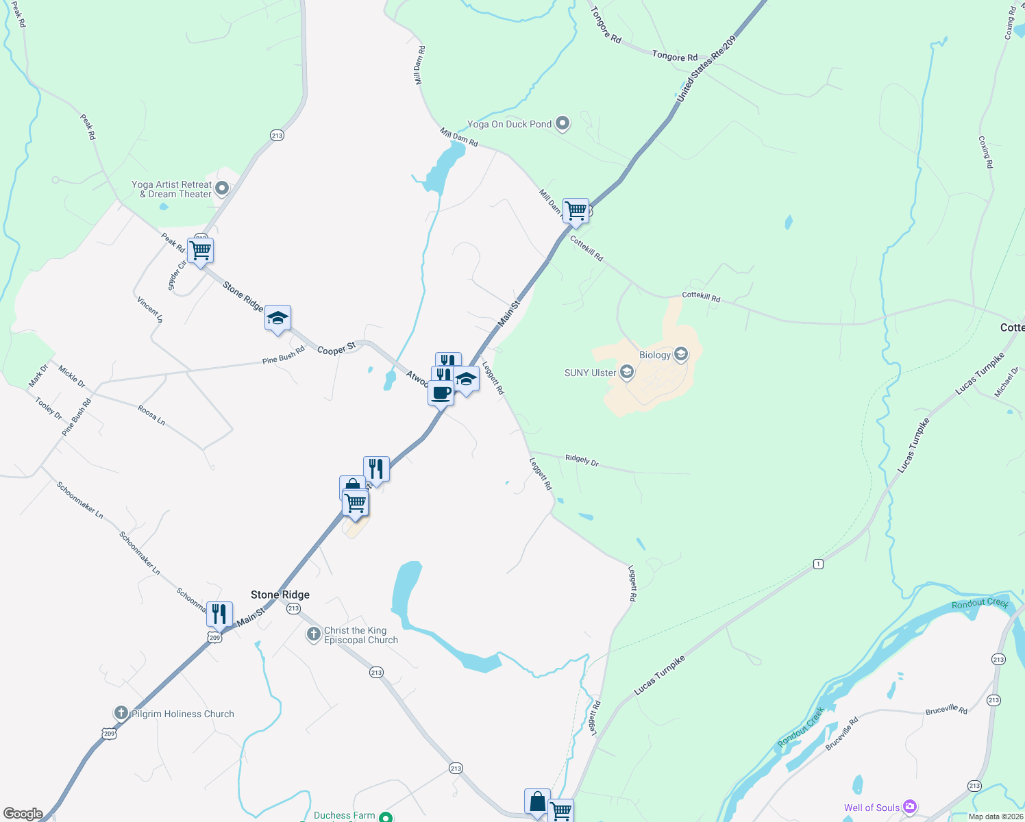 map of restaurants, bars, coffee shops, grocery stores, and more near 56 Legget Road in Stone Ridge