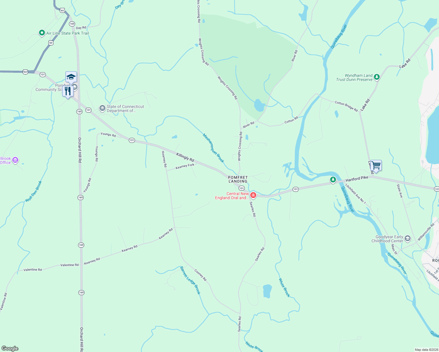 map of restaurants, bars, coffee shops, grocery stores, and more near 250 Killingly Road in Pomfret