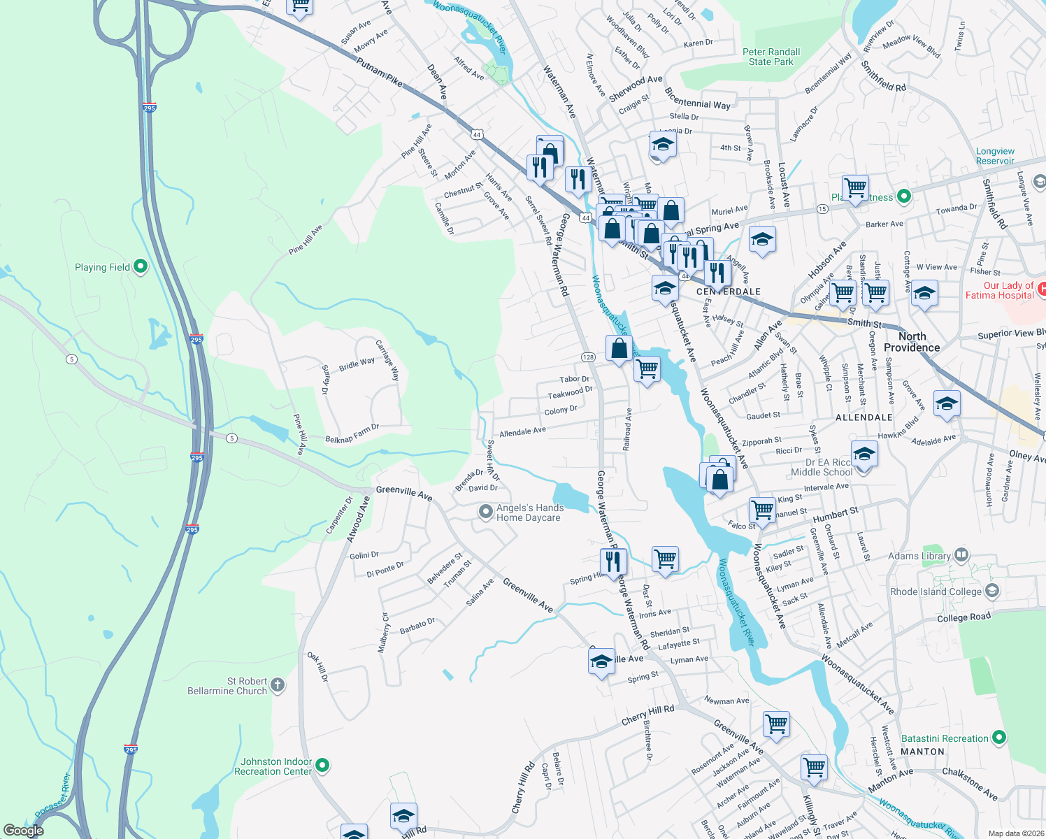 map of restaurants, bars, coffee shops, grocery stores, and more near 35 Colony Dr in Johnston