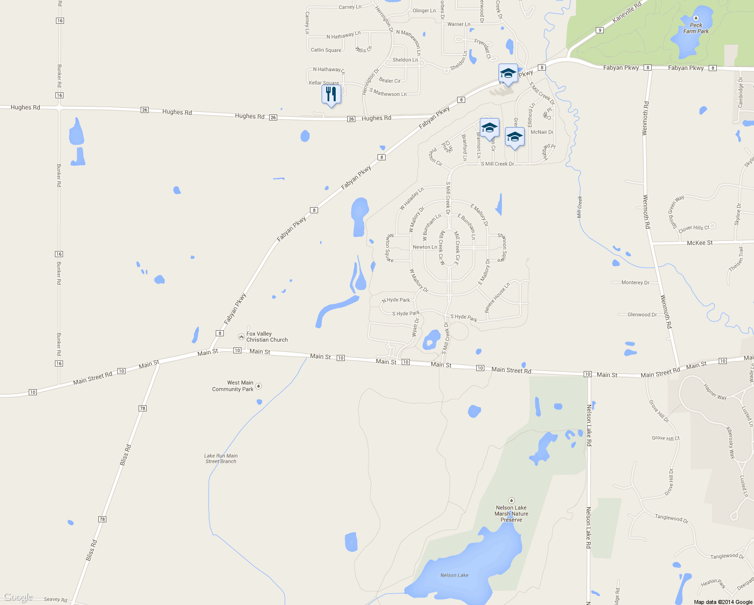 map of restaurants, bars, coffee shops, grocery stores, and more near 39W616 North Hyde Park in Geneva