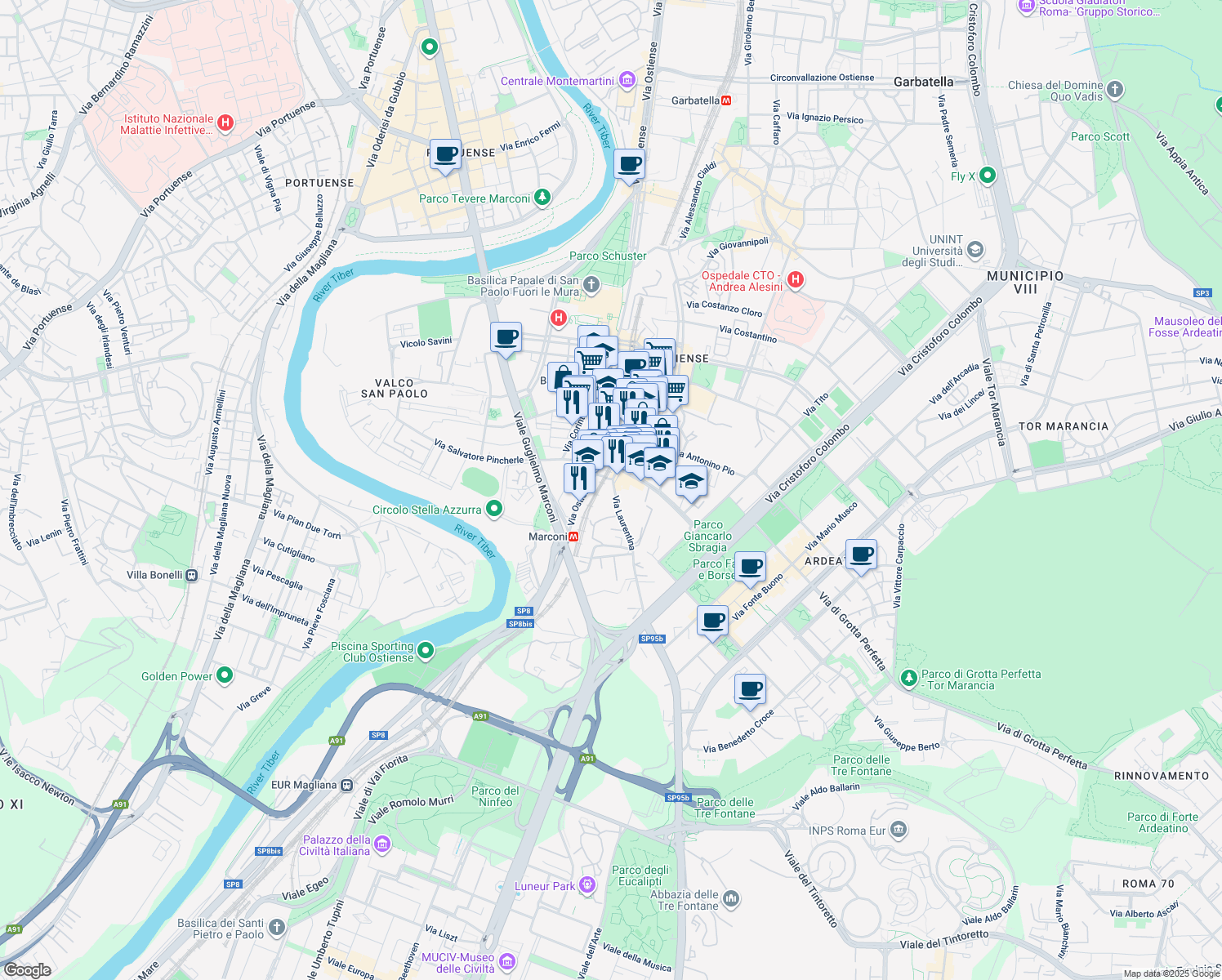 map of restaurants, bars, coffee shops, grocery stores, and more near 10 Via Laurentina in Rome