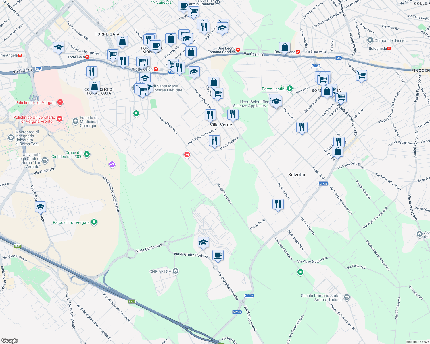 map of restaurants, bars, coffee shops, grocery stores, and more near 19 Via Mottola in Roma