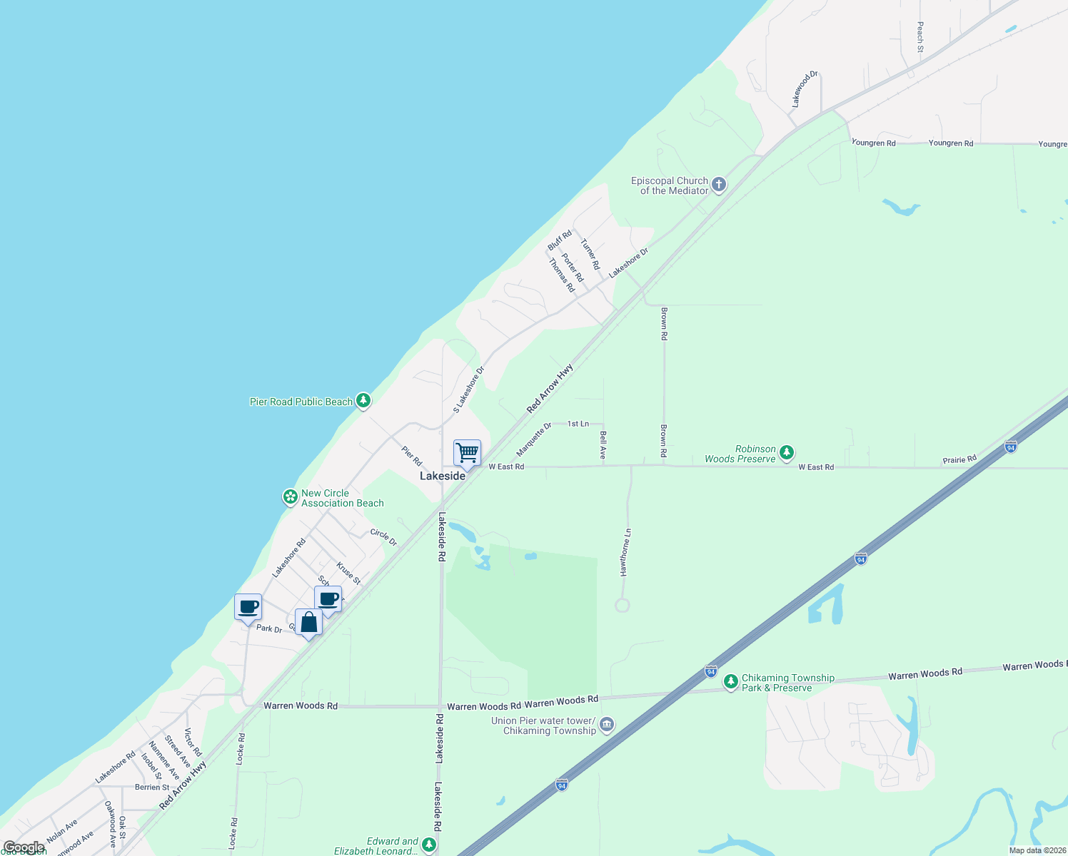 map of restaurants, bars, coffee shops, grocery stores, and more near 14766 Marquette Road in Lakeside