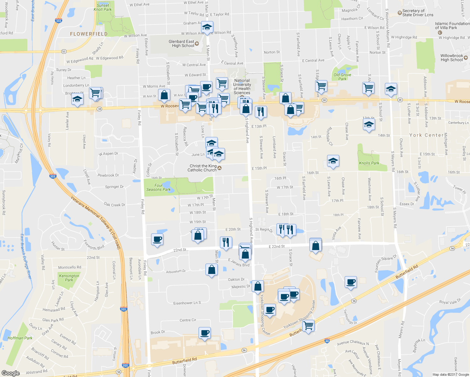 map of restaurants, bars, coffee shops, grocery stores, and more near 1627 South Norbury Avenue in Lombard