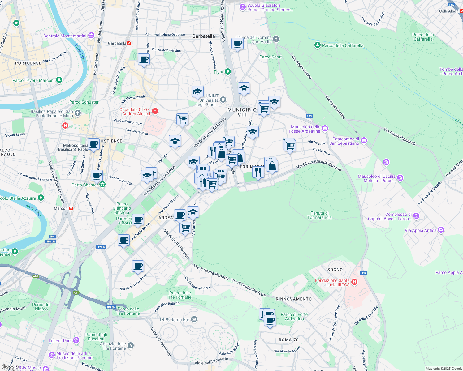 map of restaurants, bars, coffee shops, grocery stores, and more near 131 Viale del Caravaggio in Rome