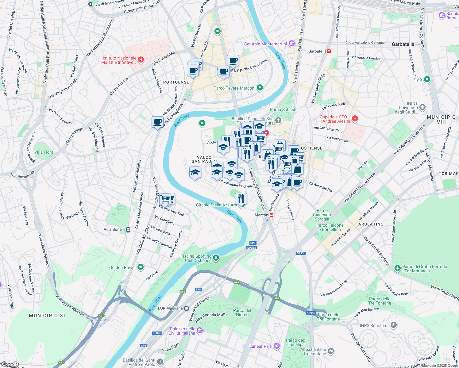 map of restaurants, bars, coffee shops, grocery stores, and more near 140 Via Salvatore Pincherle in Roma