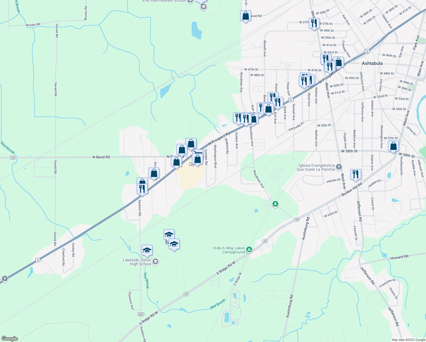 map of restaurants, bars, coffee shops, grocery stores, and more near 5933 Washington Blvd in Ashtabula