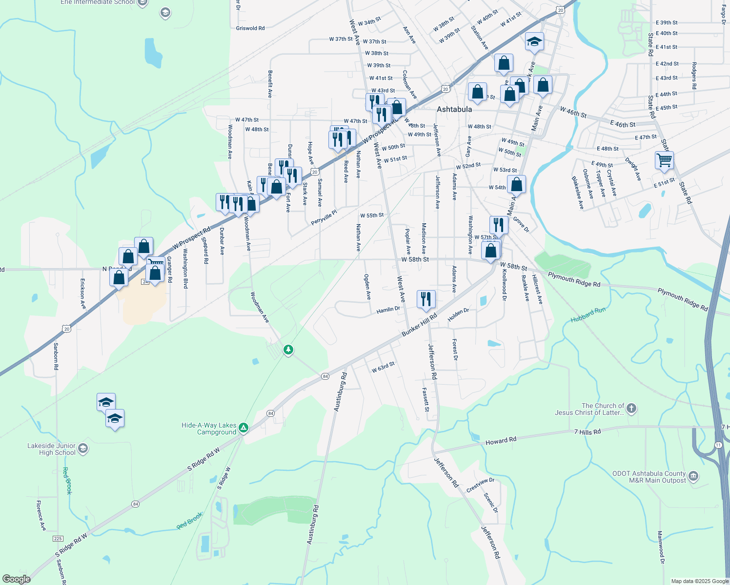 map of restaurants, bars, coffee shops, grocery stores, and more near 5909 Ogden Avenue in Ashtabula