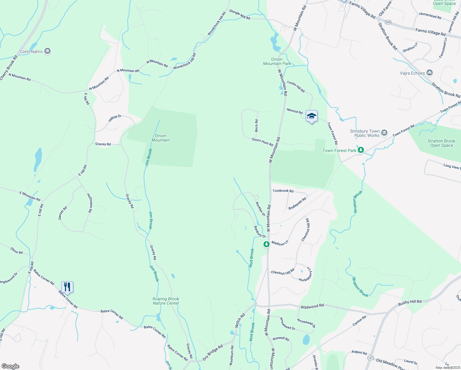map of restaurants, bars, coffee shops, grocery stores, and more near 8 Rockspray Lane in Simsbury