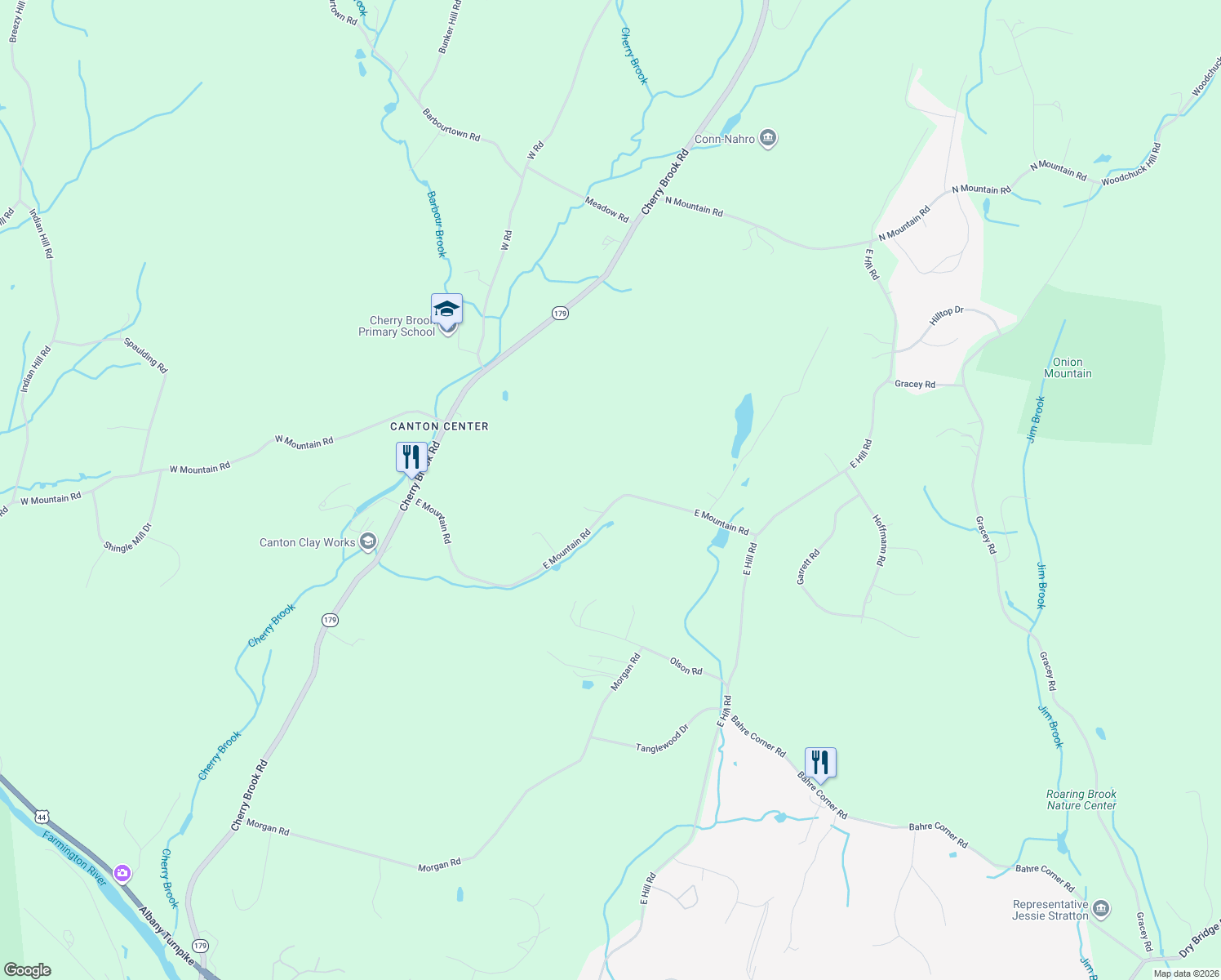 map of restaurants, bars, coffee shops, grocery stores, and more near 102 East Mountain Road in Canton