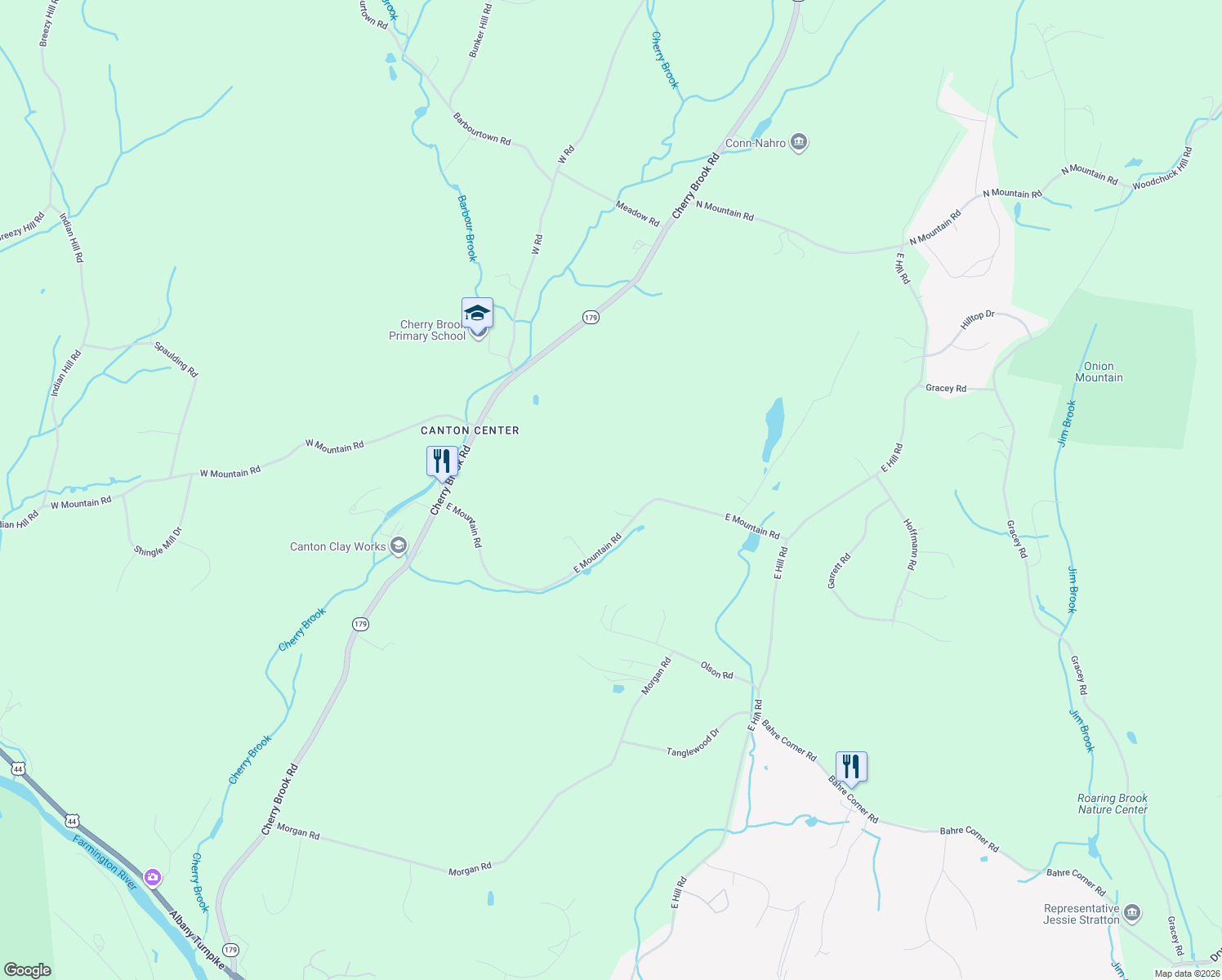map of restaurants, bars, coffee shops, grocery stores, and more near 102 East Mountain Road in Canton