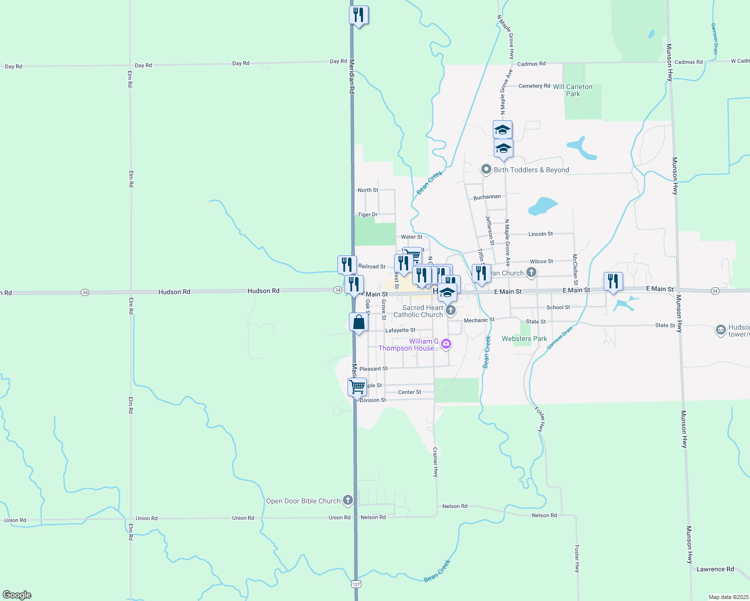 map of restaurants, bars, coffee shops, grocery stores, and more near 511 W Main St in Hudson