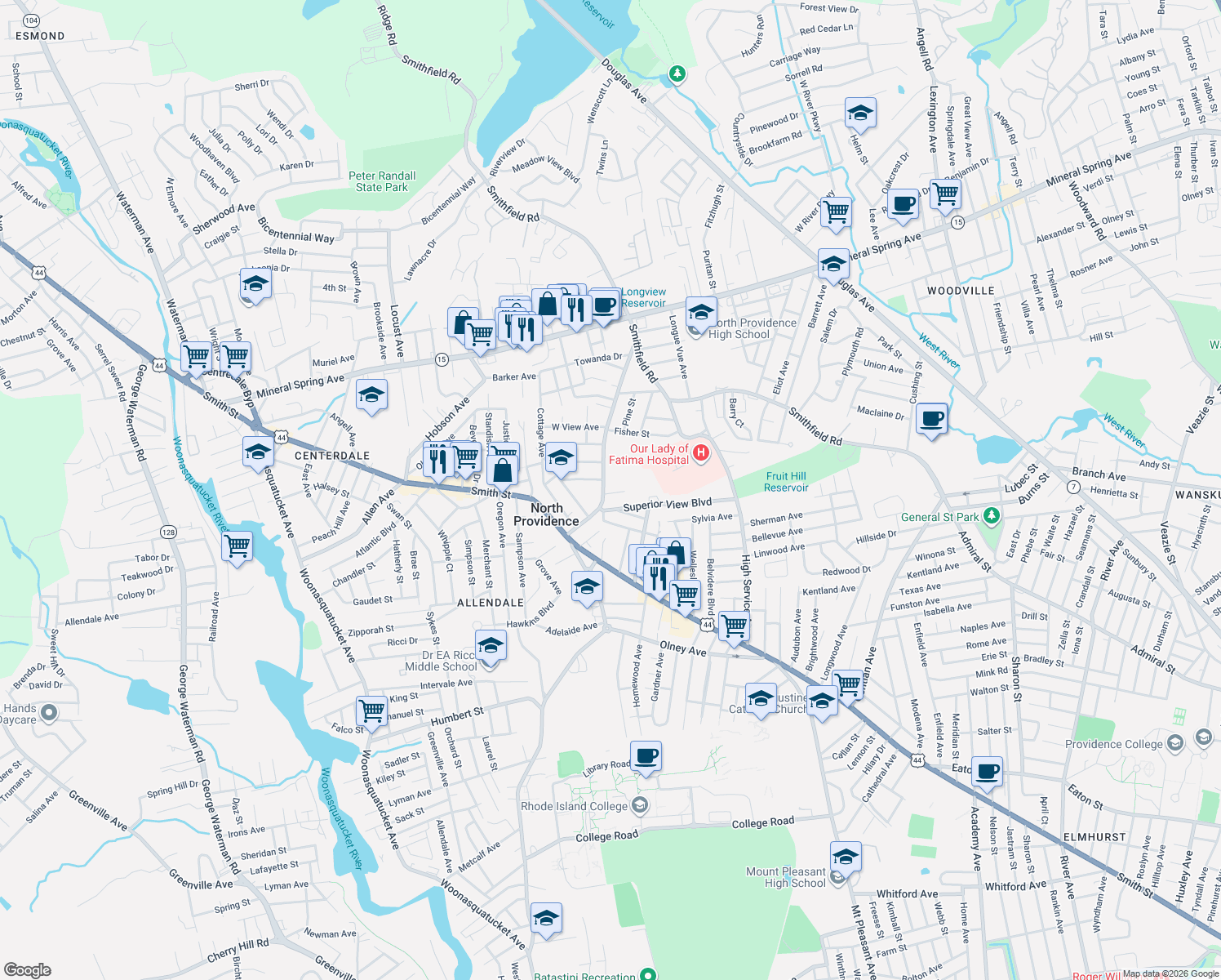 map of restaurants, bars, coffee shops, grocery stores, and more near 557 Fruit Hill Avenue in North Providence