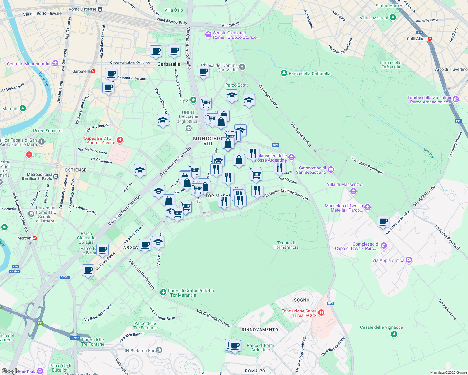 map of restaurants, bars, coffee shops, grocery stores, and more near 40 Via Giuseppe Cerbara in Roma