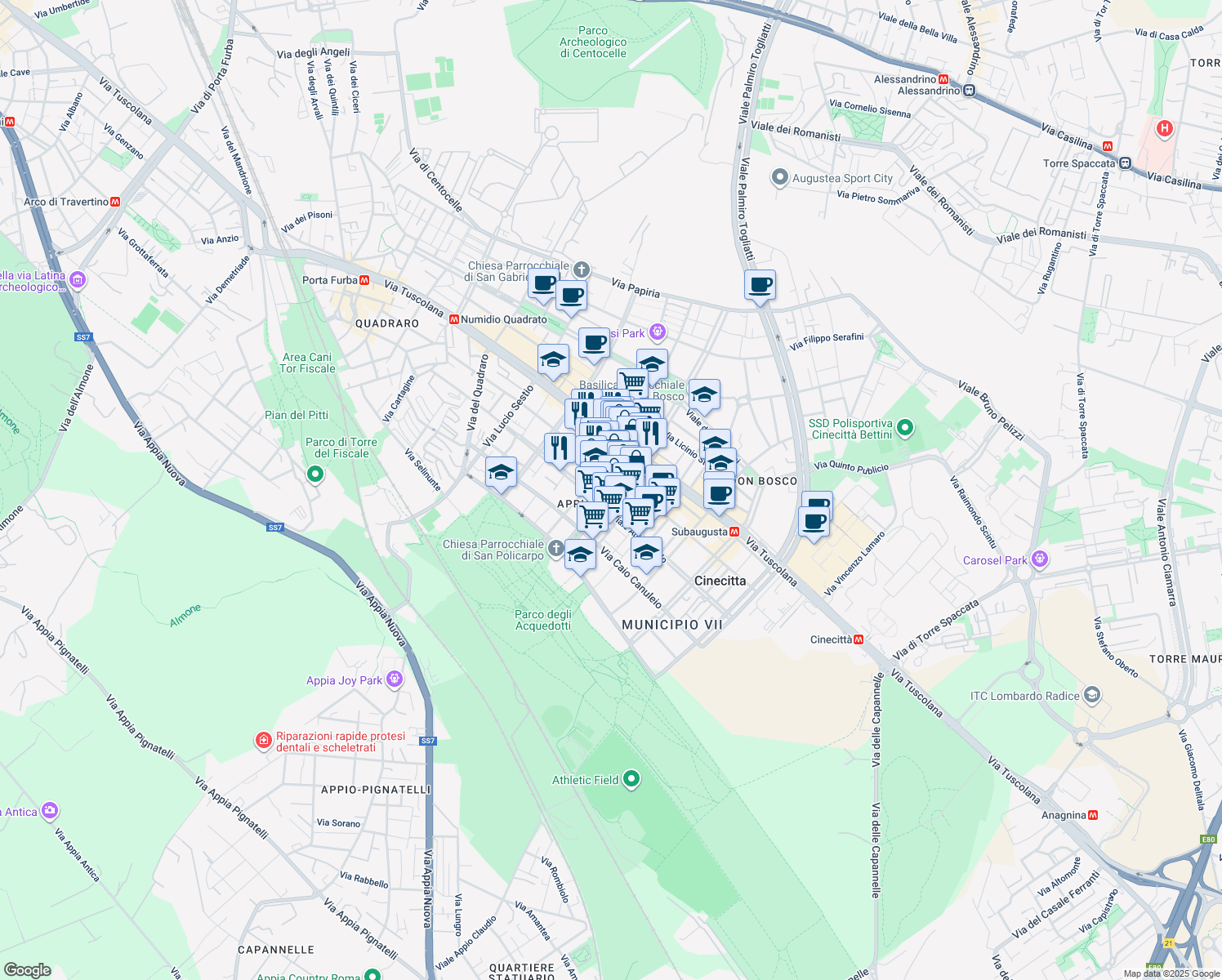 map of restaurants, bars, coffee shops, grocery stores, and more near 54 Viale Giulio Agricola in Roma
