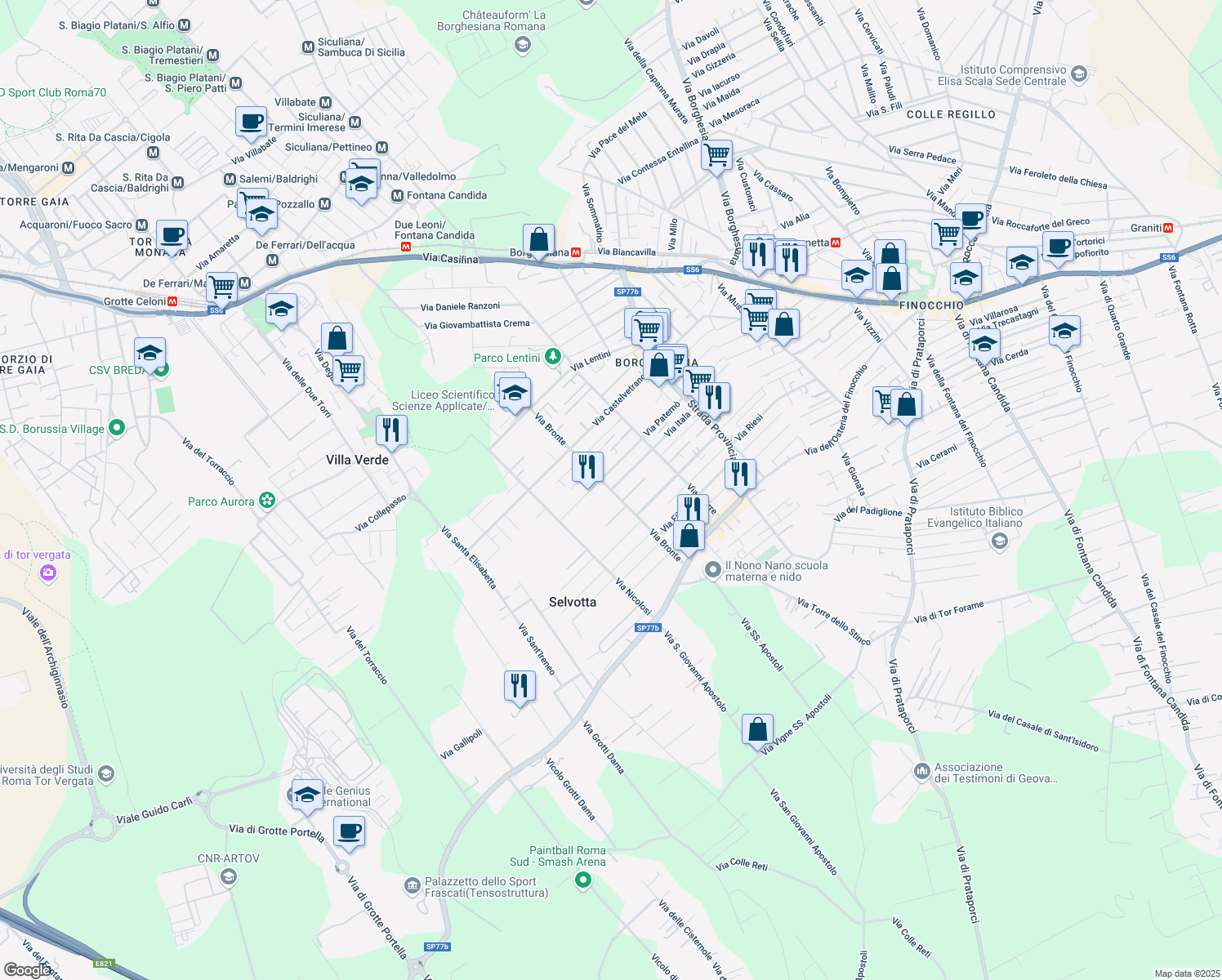 map of restaurants, bars, coffee shops, grocery stores, and more near 43 Via Cammarata in Roma