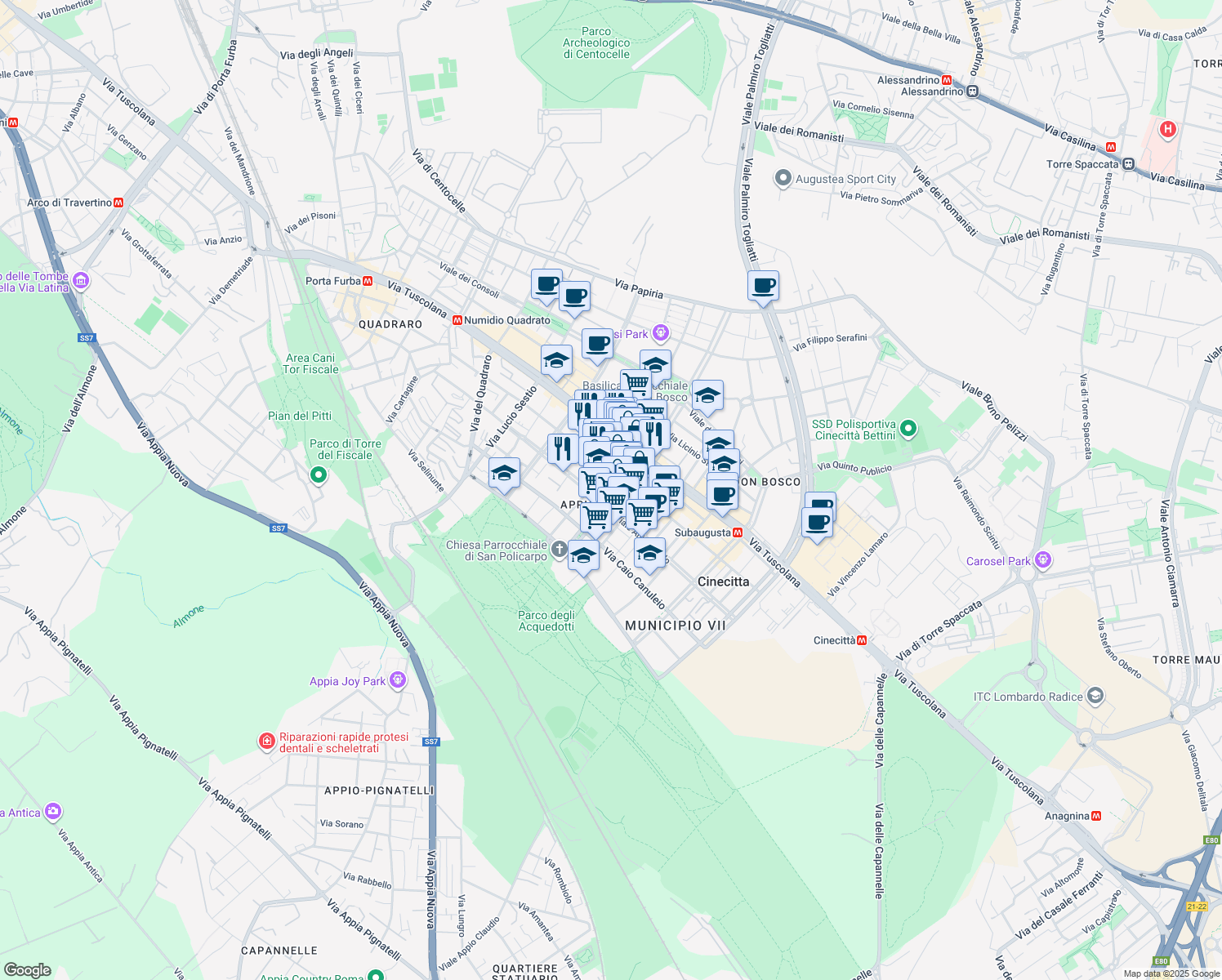 map of restaurants, bars, coffee shops, grocery stores, and more near 54 Viale Giulio Agricola in Roma