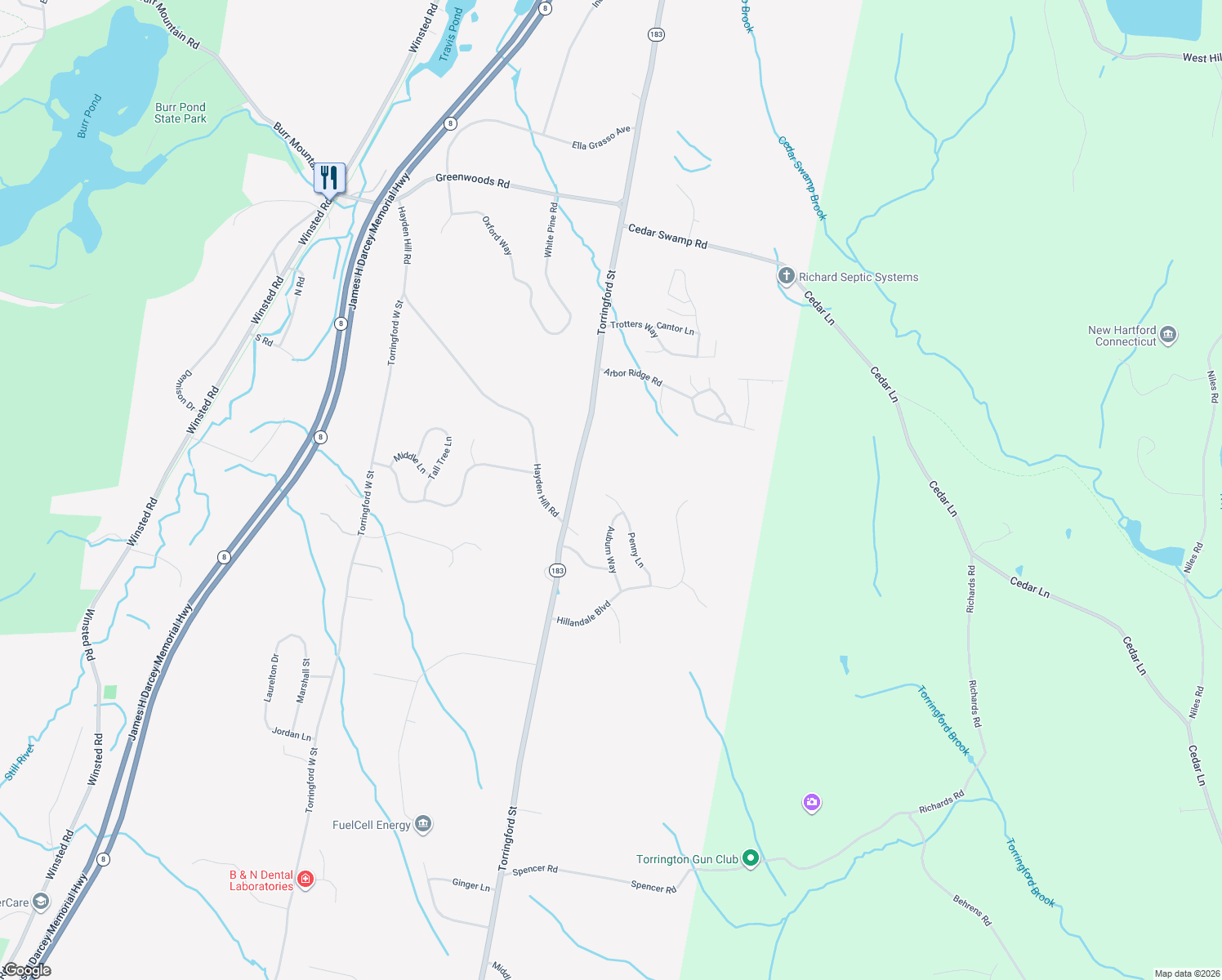 map of restaurants, bars, coffee shops, grocery stores, and more near 188 Penny Lane in Torrington