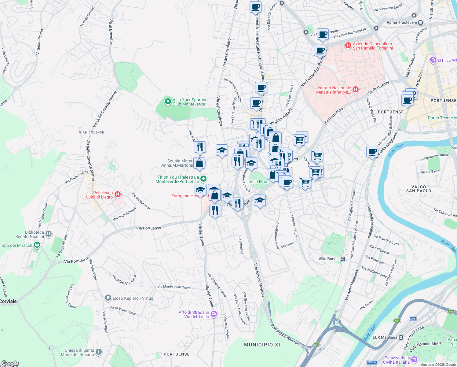 map of restaurants, bars, coffee shops, grocery stores, and more near Via Tommaso Vallauri in Roma