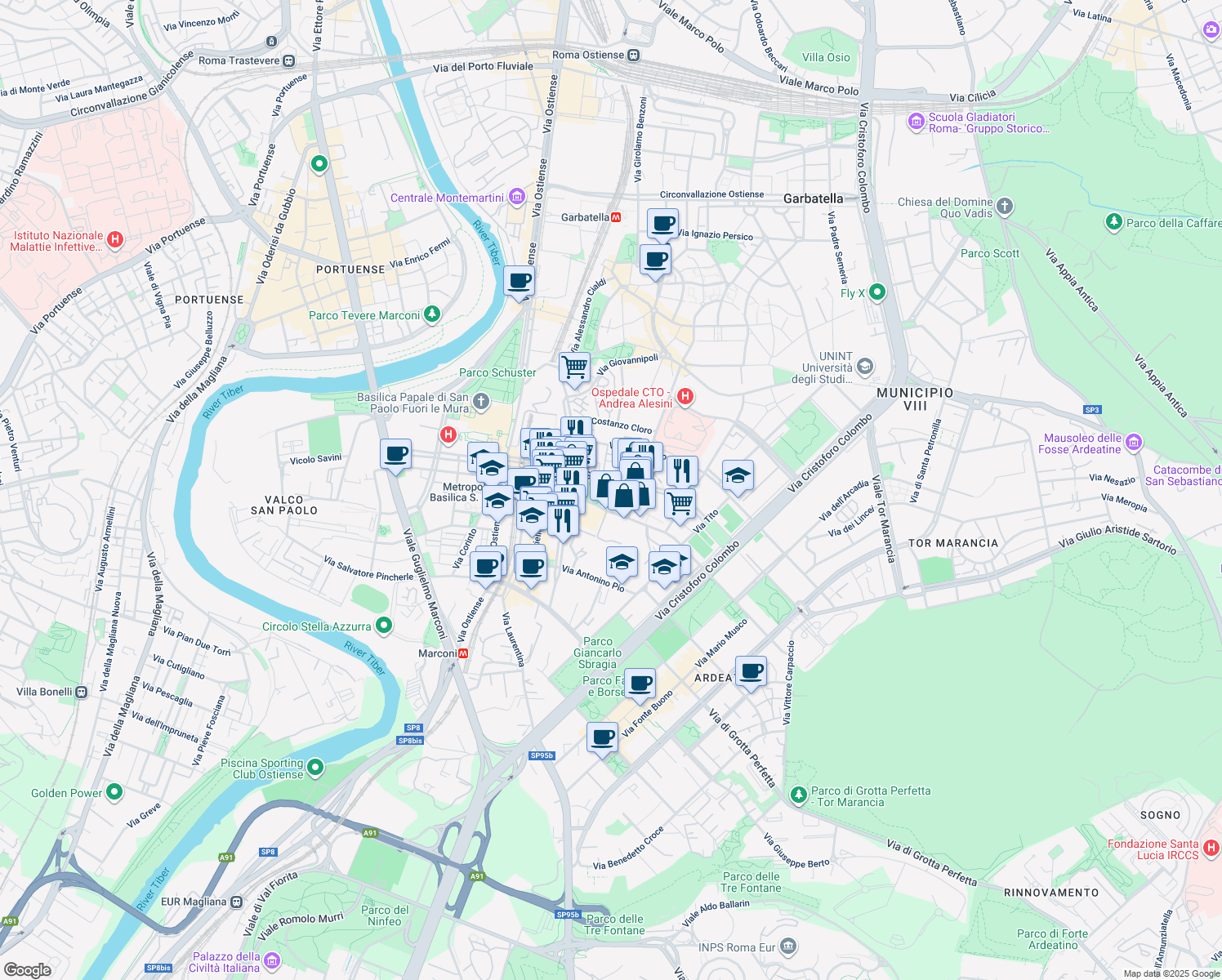 map of restaurants, bars, coffee shops, grocery stores, and more near 140 Viale Giustiniano Imperatore in Rome