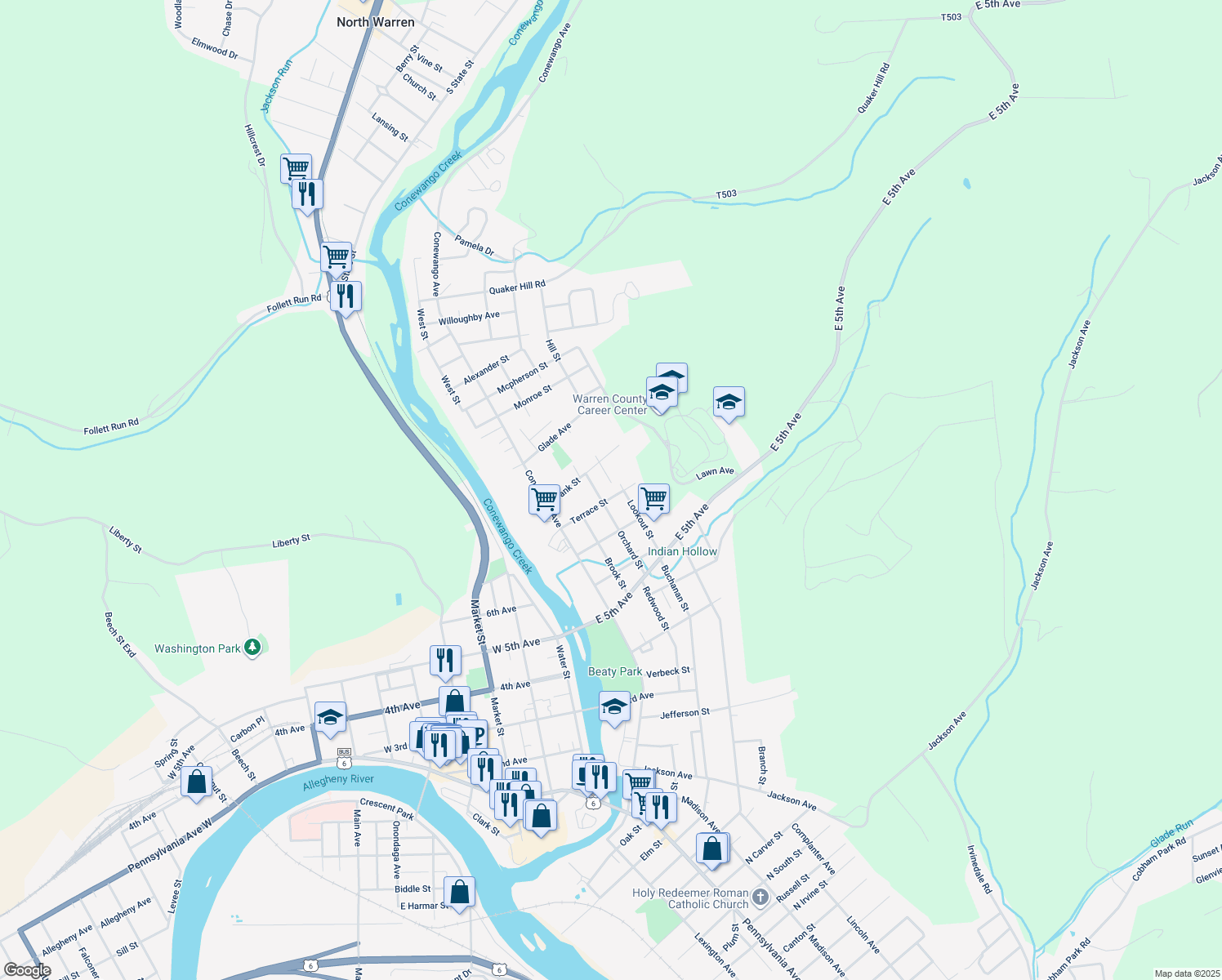 map of restaurants, bars, coffee shops, grocery stores, and more near 209 Terrace St in Warren