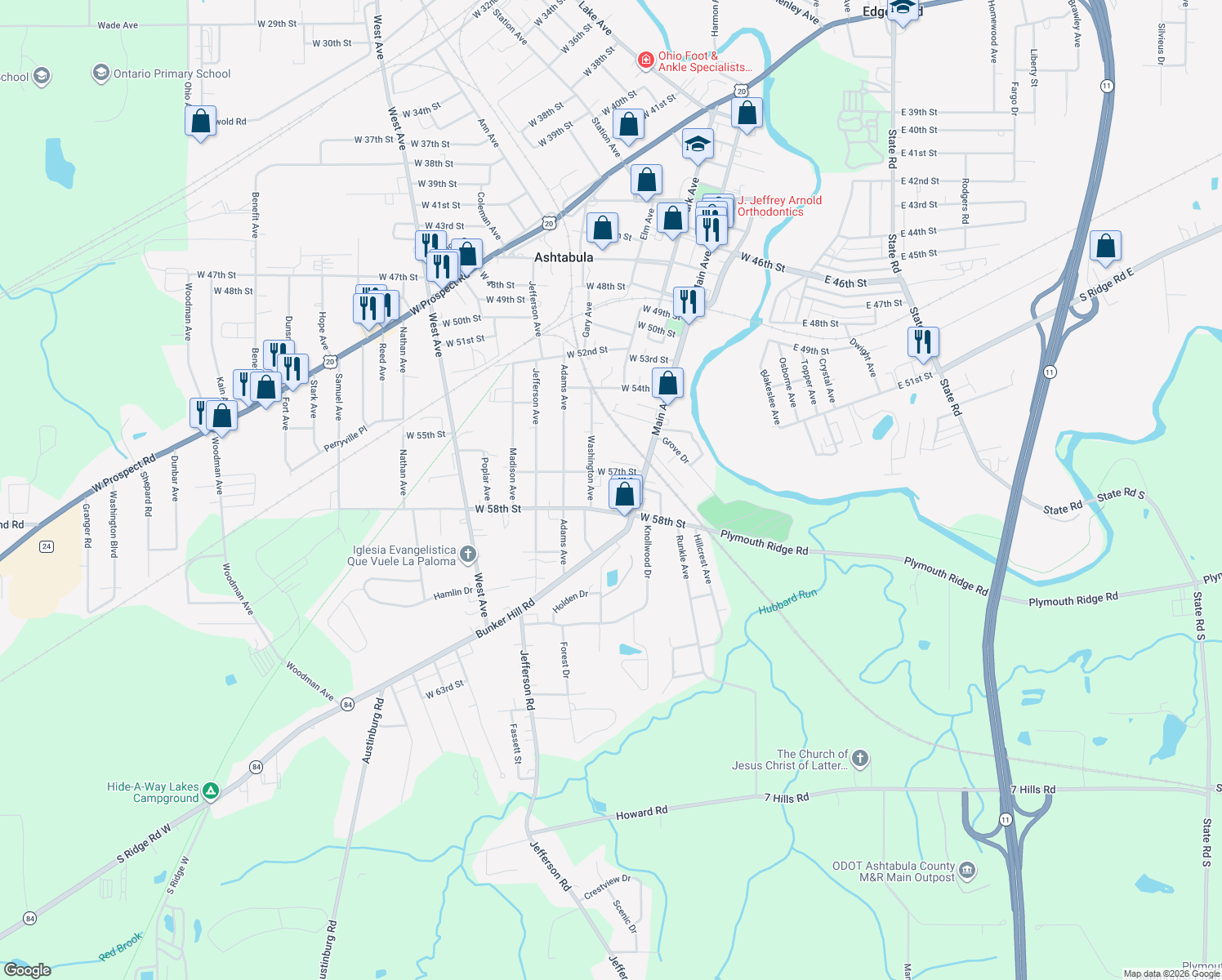 map of restaurants, bars, coffee shops, grocery stores, and more near 5727 McCreery Avenue in Ashtabula