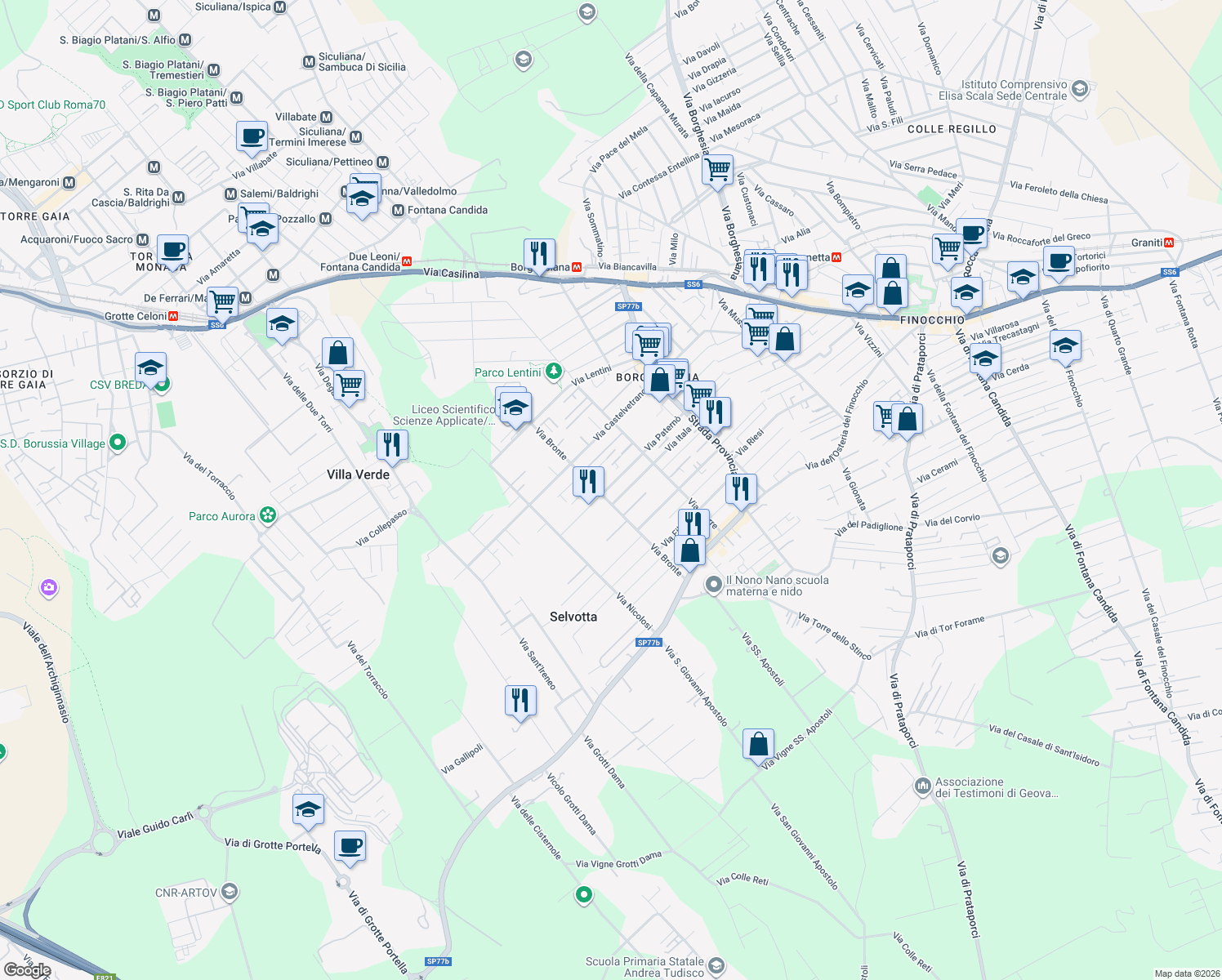 map of restaurants, bars, coffee shops, grocery stores, and more near 43 Via Cammarata in Roma