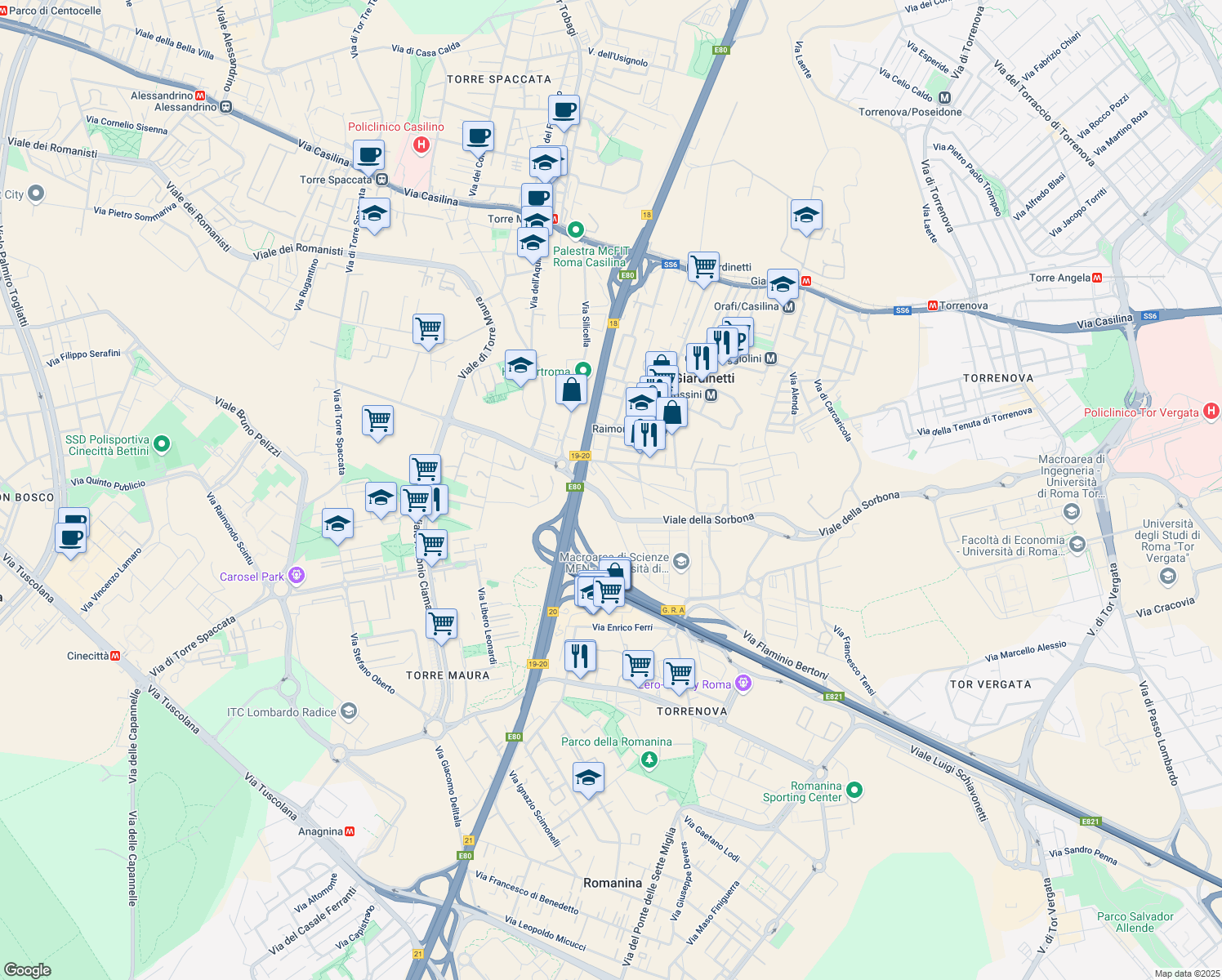 map of restaurants, bars, coffee shops, grocery stores, and more near 40 Via Cesare Aureli in Roma