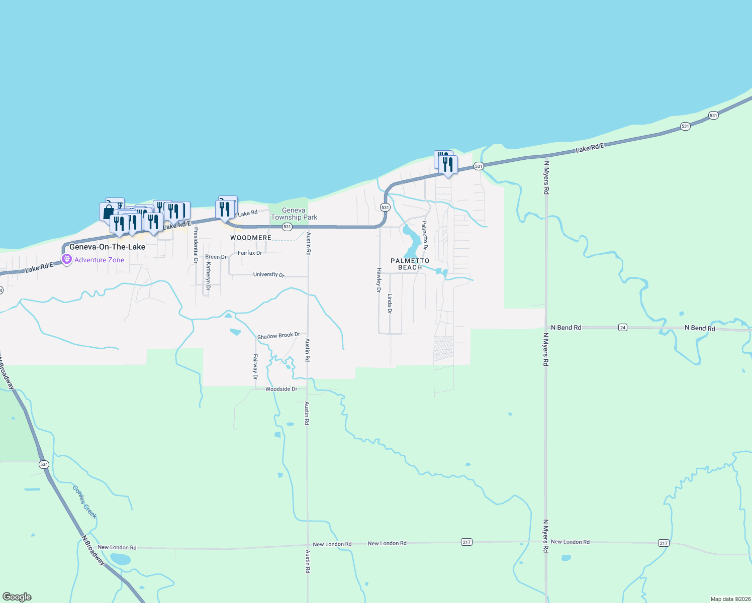 map of restaurants, bars, coffee shops, grocery stores, and more near 4825 Hawley Dr in Geneva