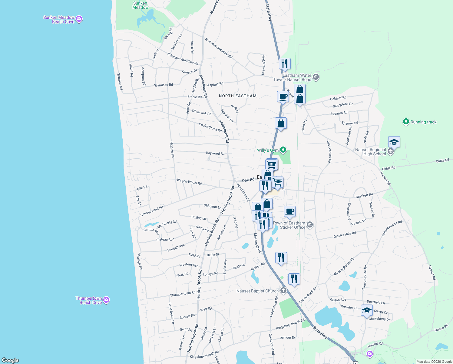 map of restaurants, bars, coffee shops, grocery stores, and more near 25 Millennium Lane in Eastham