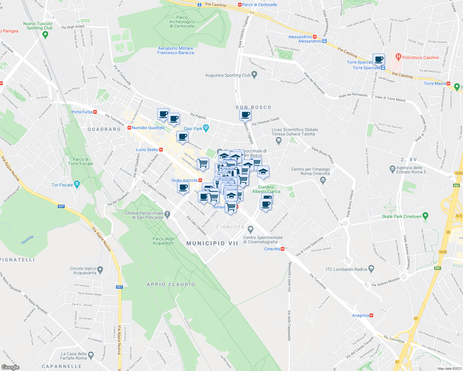 map of restaurants, bars, coffee shops, grocery stores, and more near 31 Via Caio Rutilio in Rome