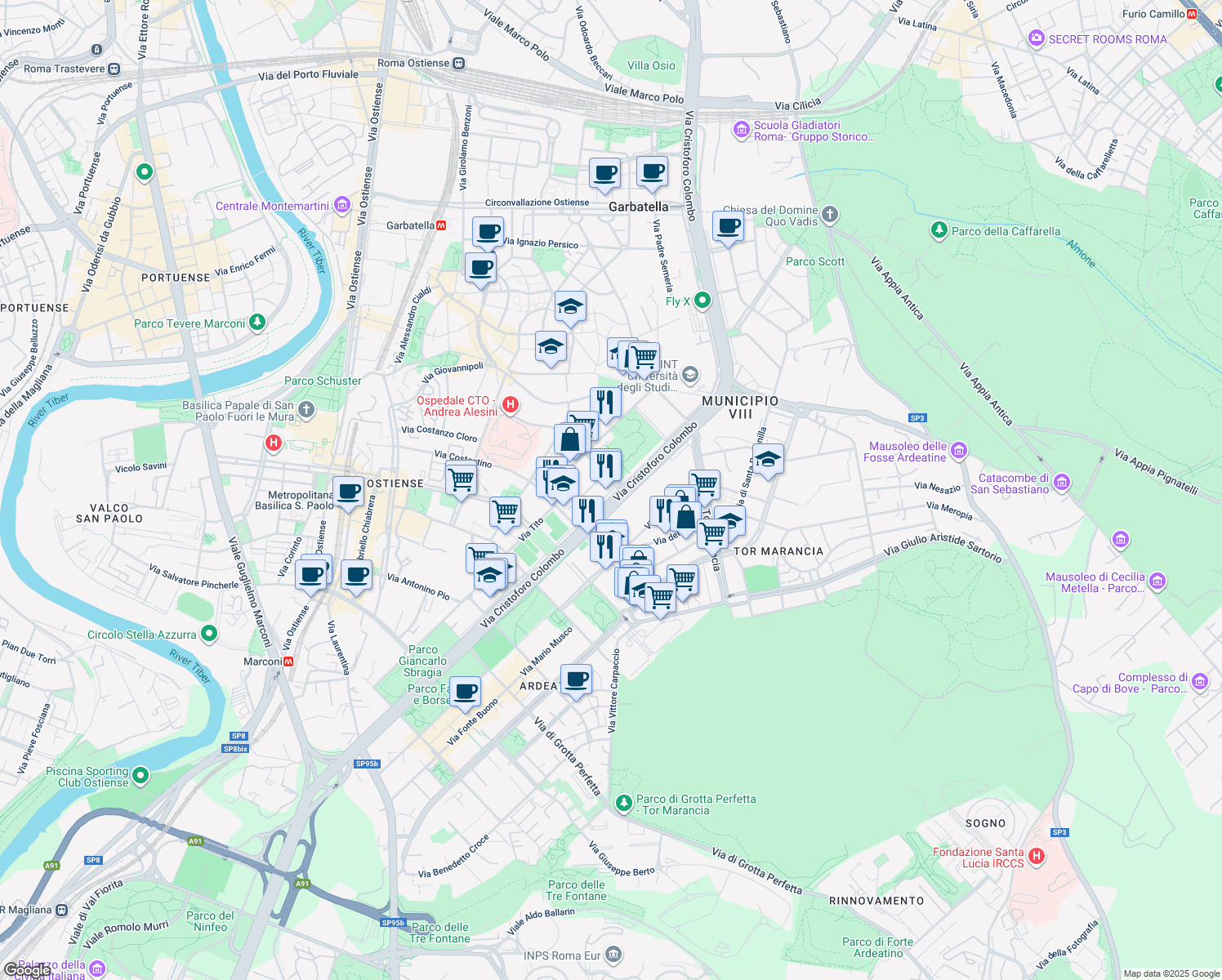 map of restaurants, bars, coffee shops, grocery stores, and more near 300 Via Cristoforo Colombo in Rome