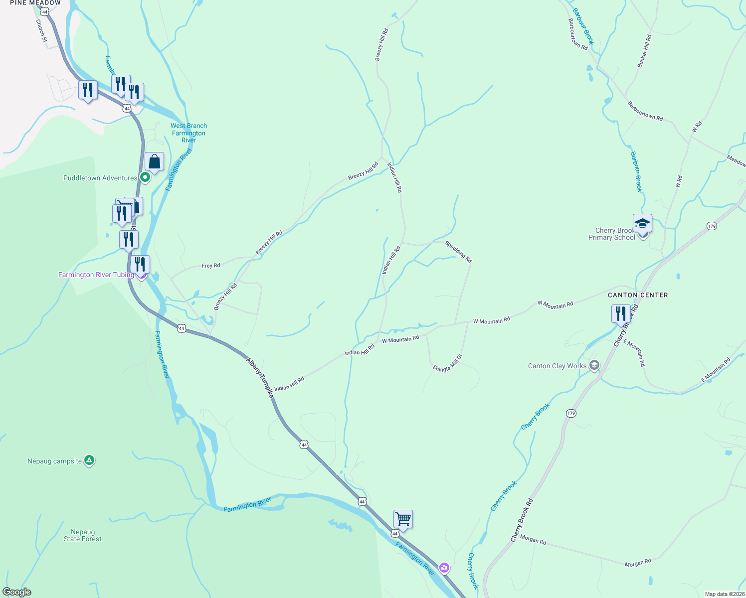 map of restaurants, bars, coffee shops, grocery stores, and more near 88 Indian Hill Road in Canton