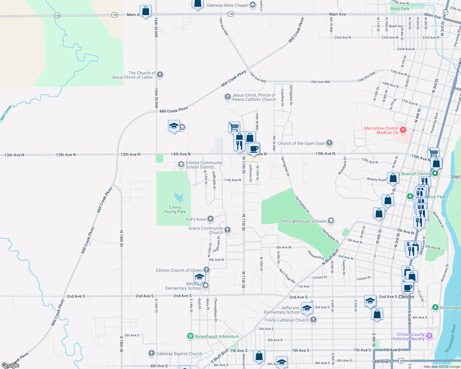 map of restaurants, bars, coffee shops, grocery stores, and more near 1001 Sweet Briar Ln in Clinton