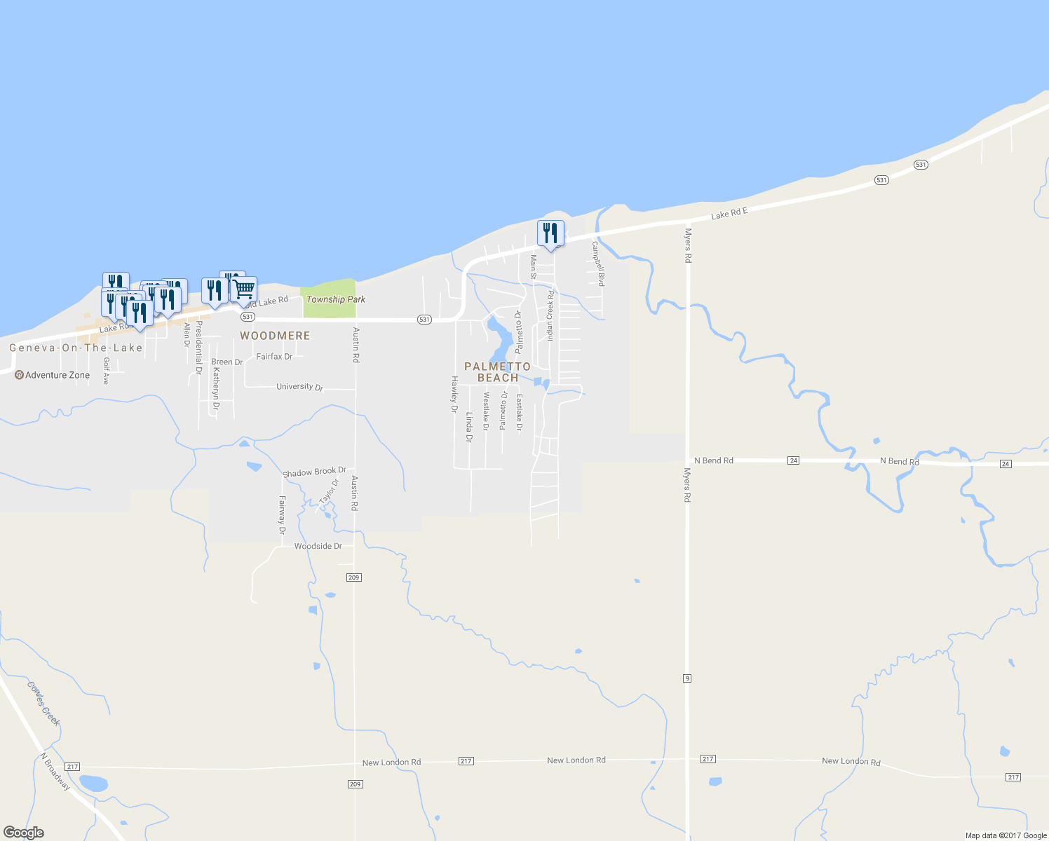 map of restaurants, bars, coffee shops, grocery stores, and more near 4834 Eastlake Drive in Geneva