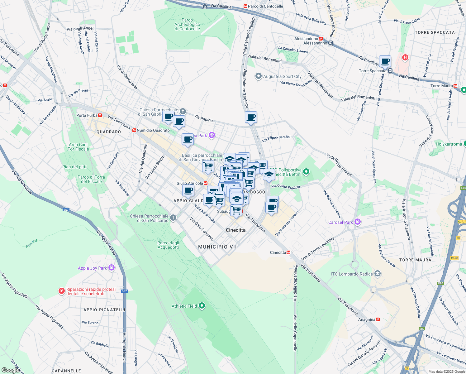 map of restaurants, bars, coffee shops, grocery stores, and more near 31 Via Caio Rutilio in Rome