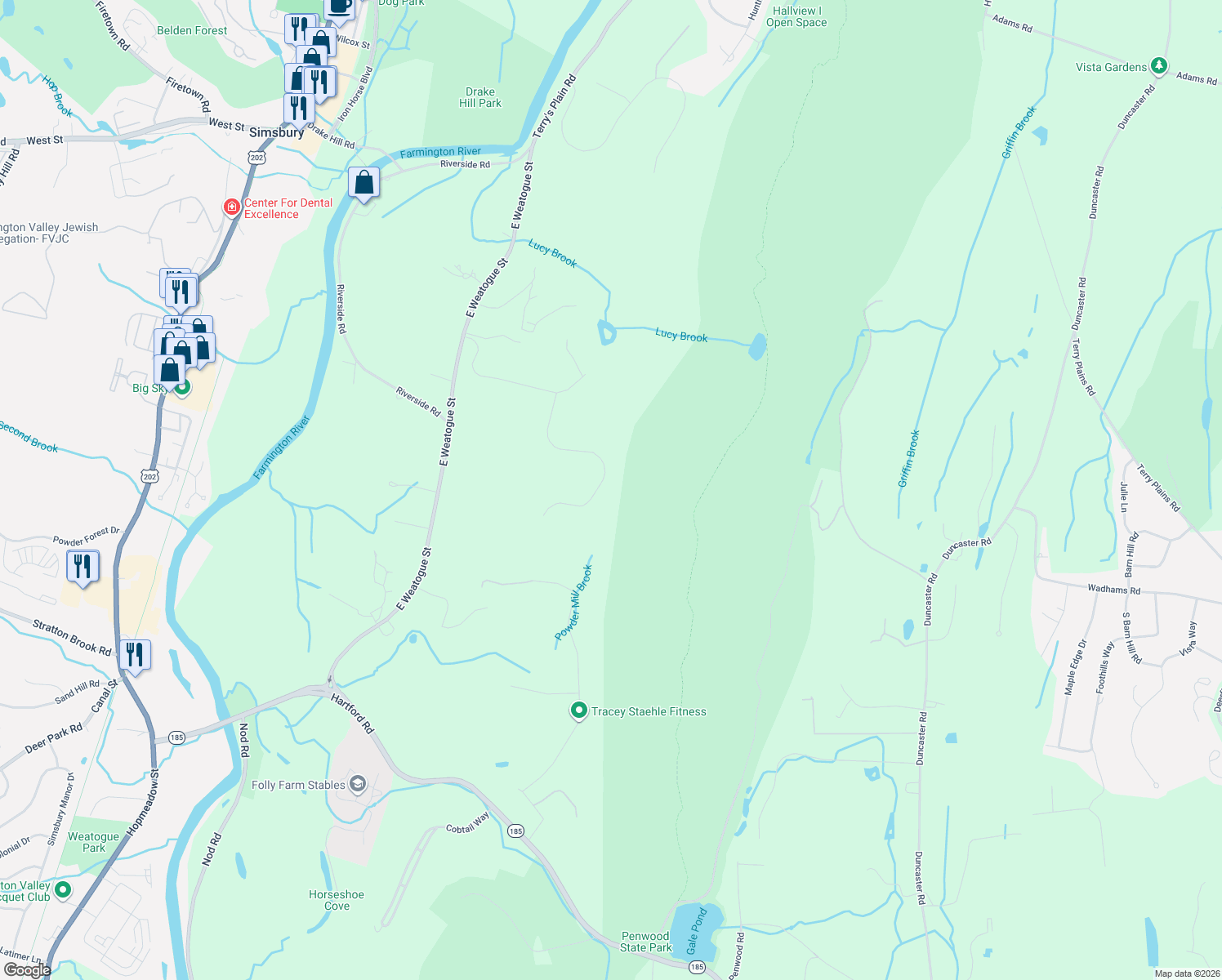 map of restaurants, bars, coffee shops, grocery stores, and more near 20 Lucy Way in Simsbury