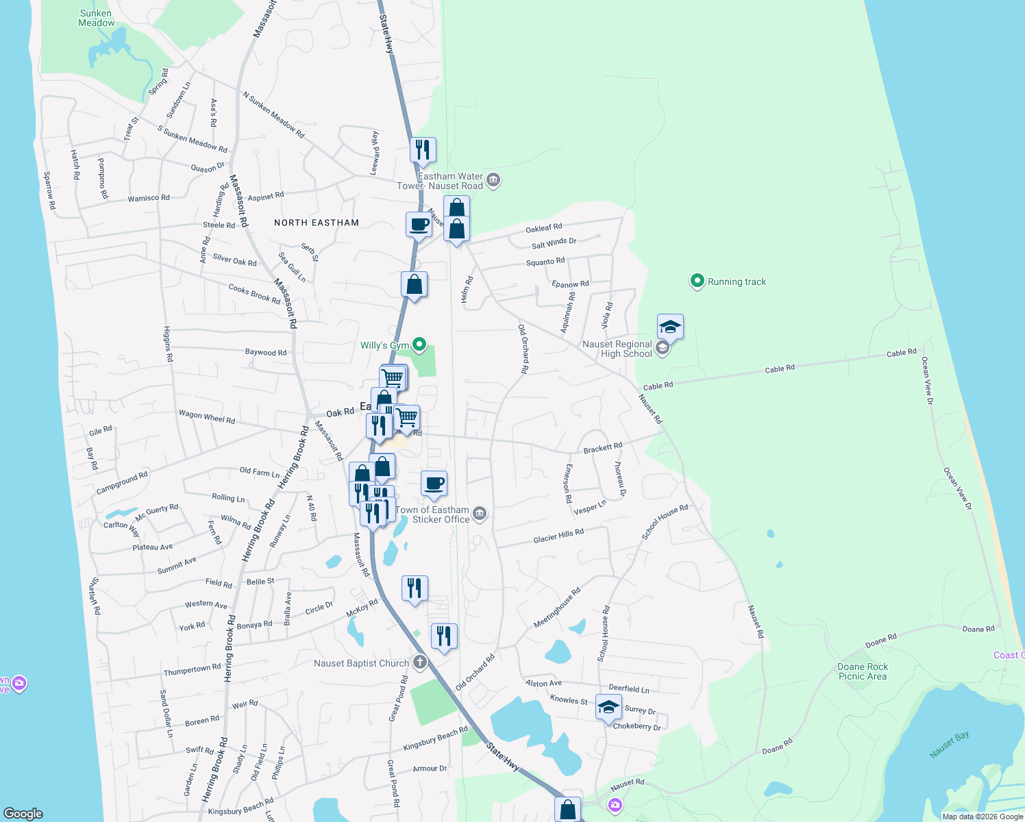 map of restaurants, bars, coffee shops, grocery stores, and more near 900 Old Orchard Rd in Eastham