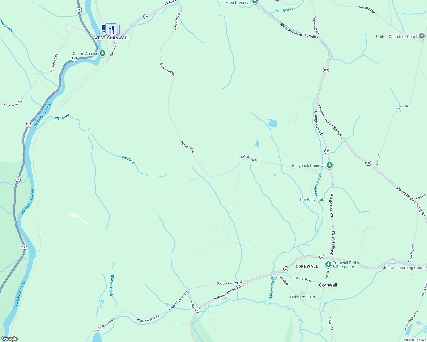map of restaurants, bars, coffee shops, grocery stores, and more near 104 Dibble Hill Road in Cornwall