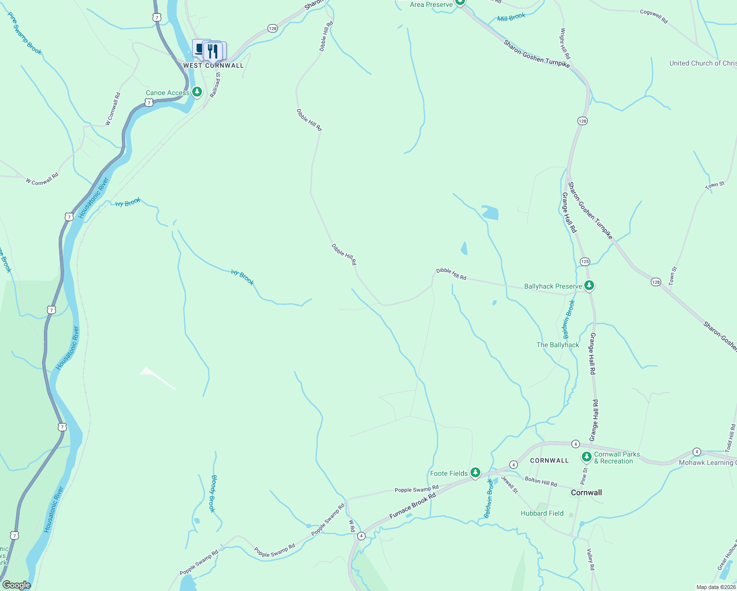 map of restaurants, bars, coffee shops, grocery stores, and more near 117 Dibble Hill Road in Cornwall