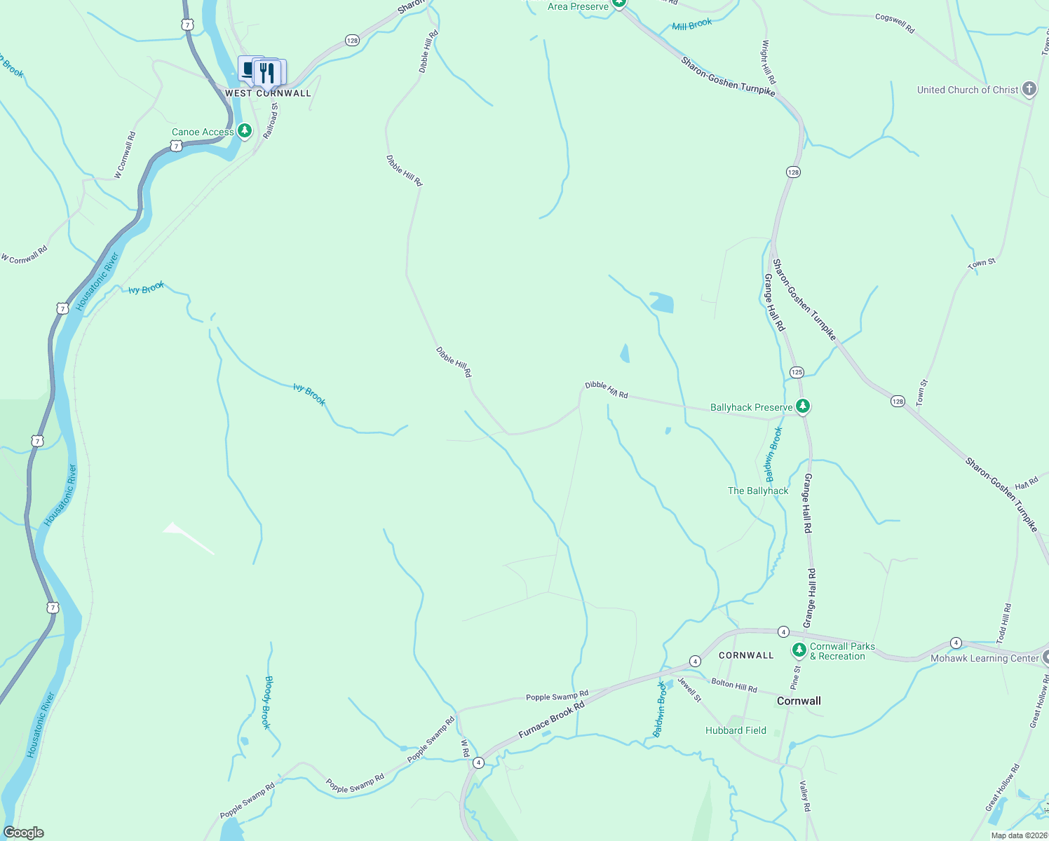 map of restaurants, bars, coffee shops, grocery stores, and more near 104 Dibble Hill Road in Cornwall