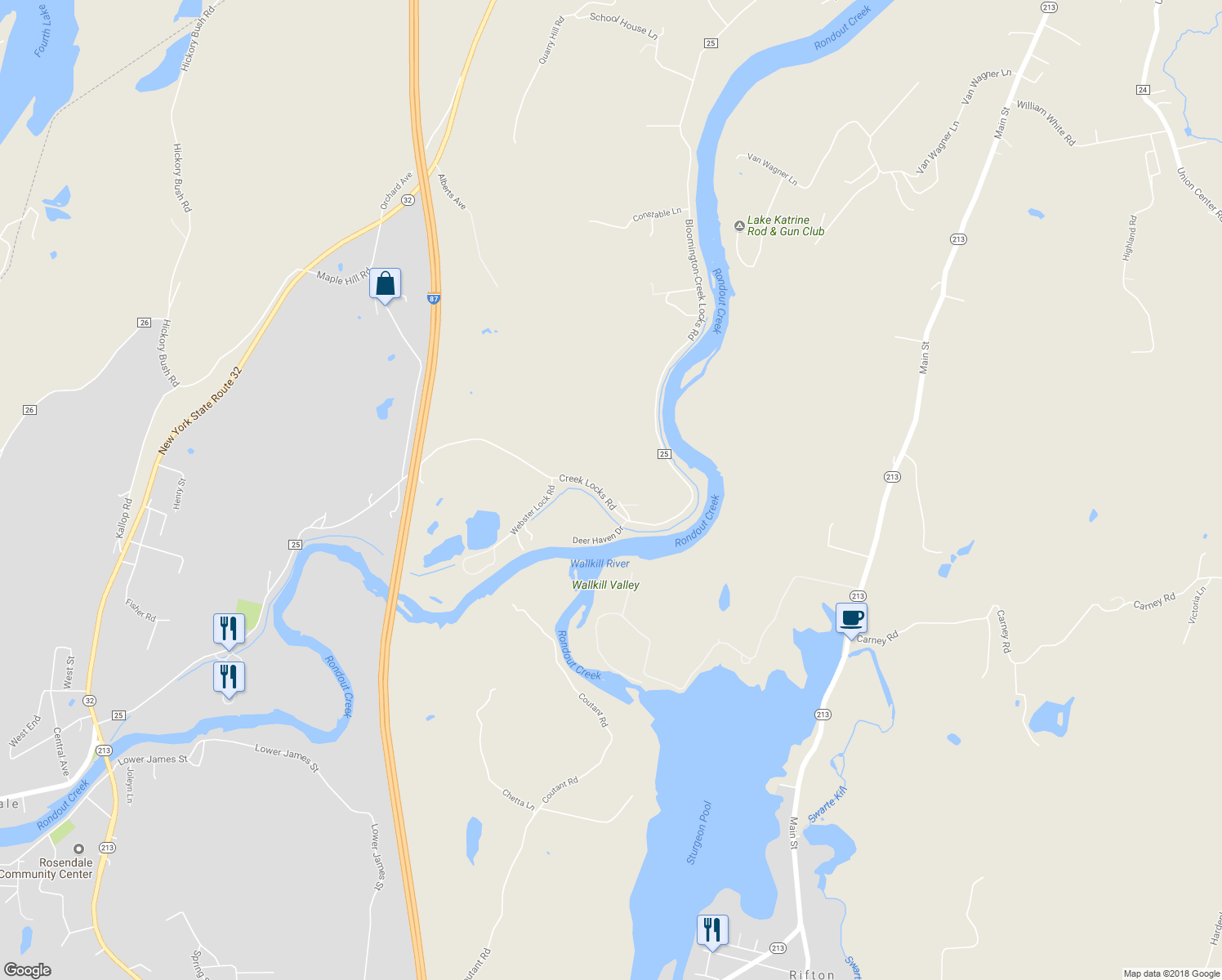 map of restaurants, bars, coffee shops, grocery stores, and more near 703 Creek Locks Road in Rosendale