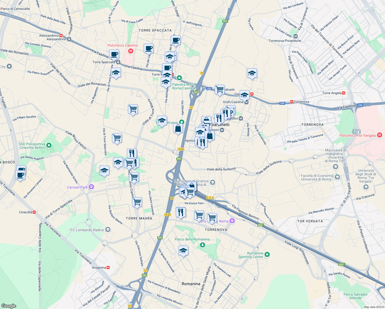 map of restaurants, bars, coffee shops, grocery stores, and more near 40 Via Cesare Aureli in Roma