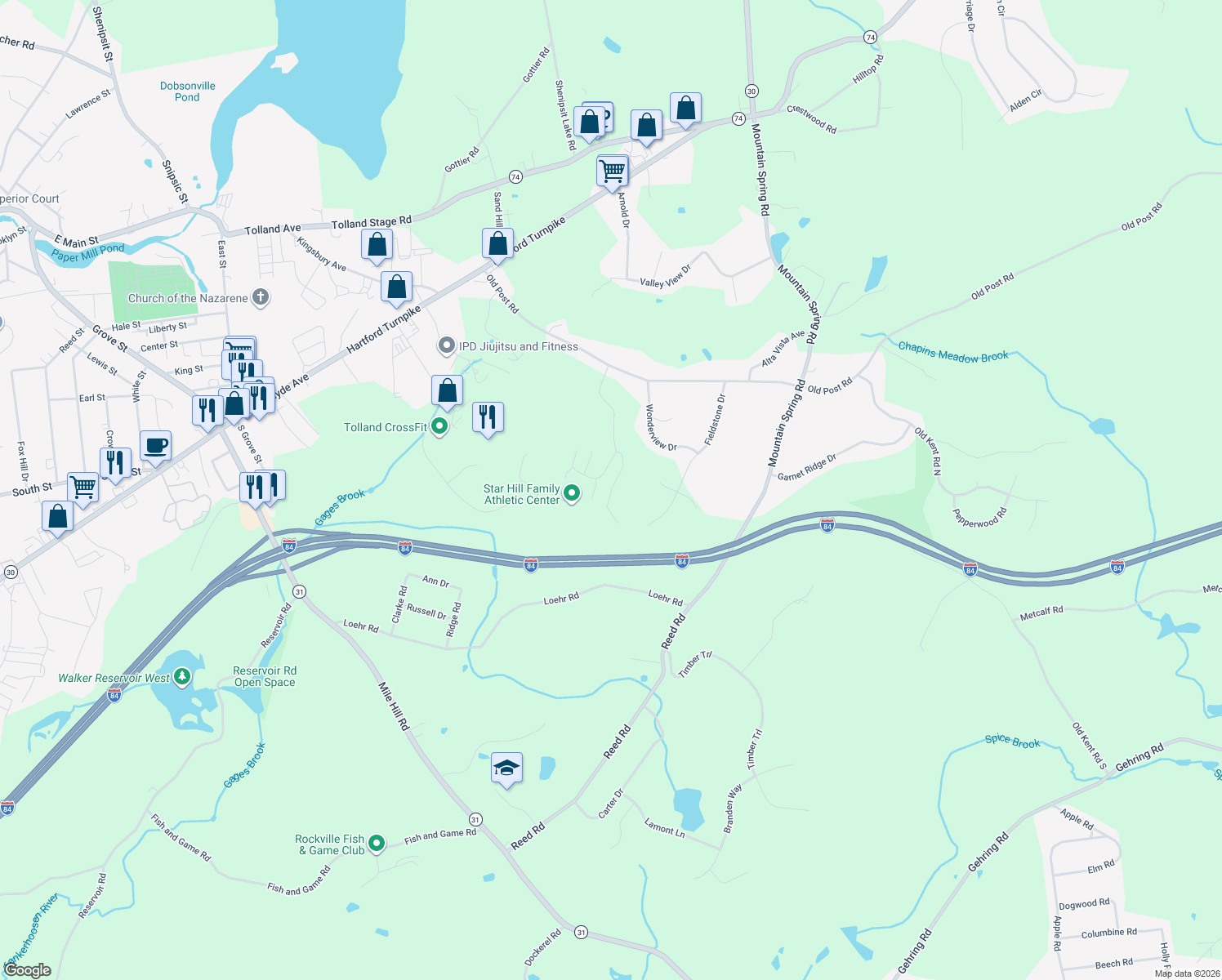 map of restaurants, bars, coffee shops, grocery stores, and more near 73 Belvedere Drive in Tolland