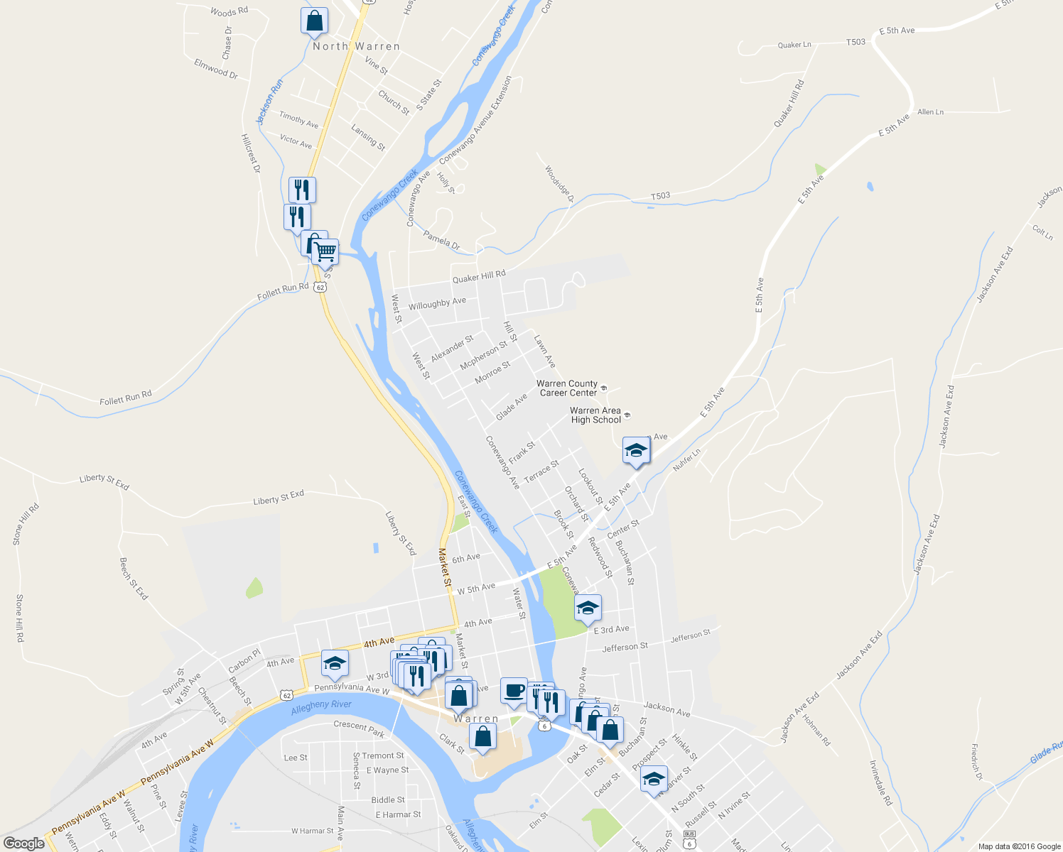 map of restaurants, bars, coffee shops, grocery stores, and more near 506 Mulberry St in Warren