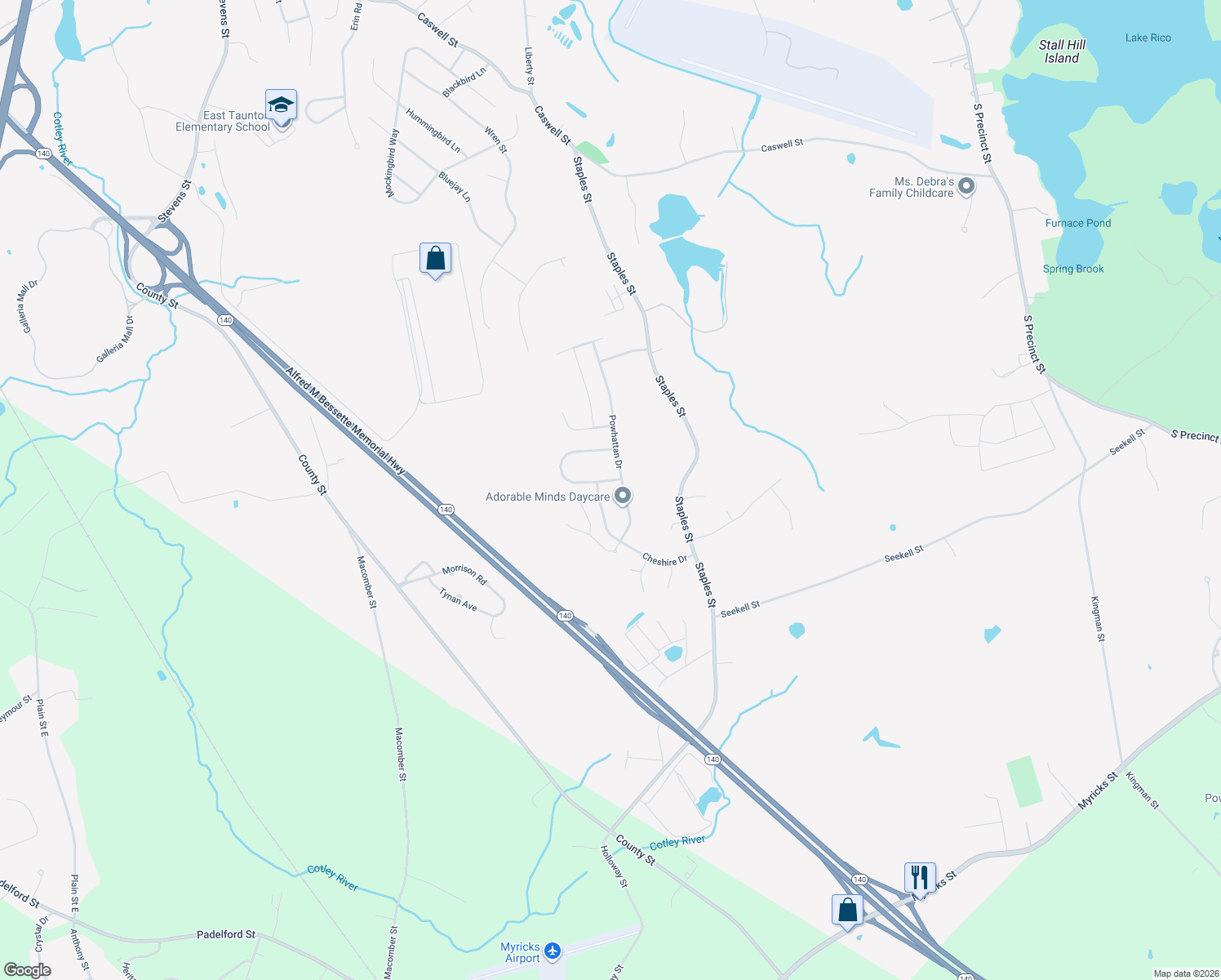 map of restaurants, bars, coffee shops, grocery stores, and more near 161 Meeshawn Avenue in Taunton