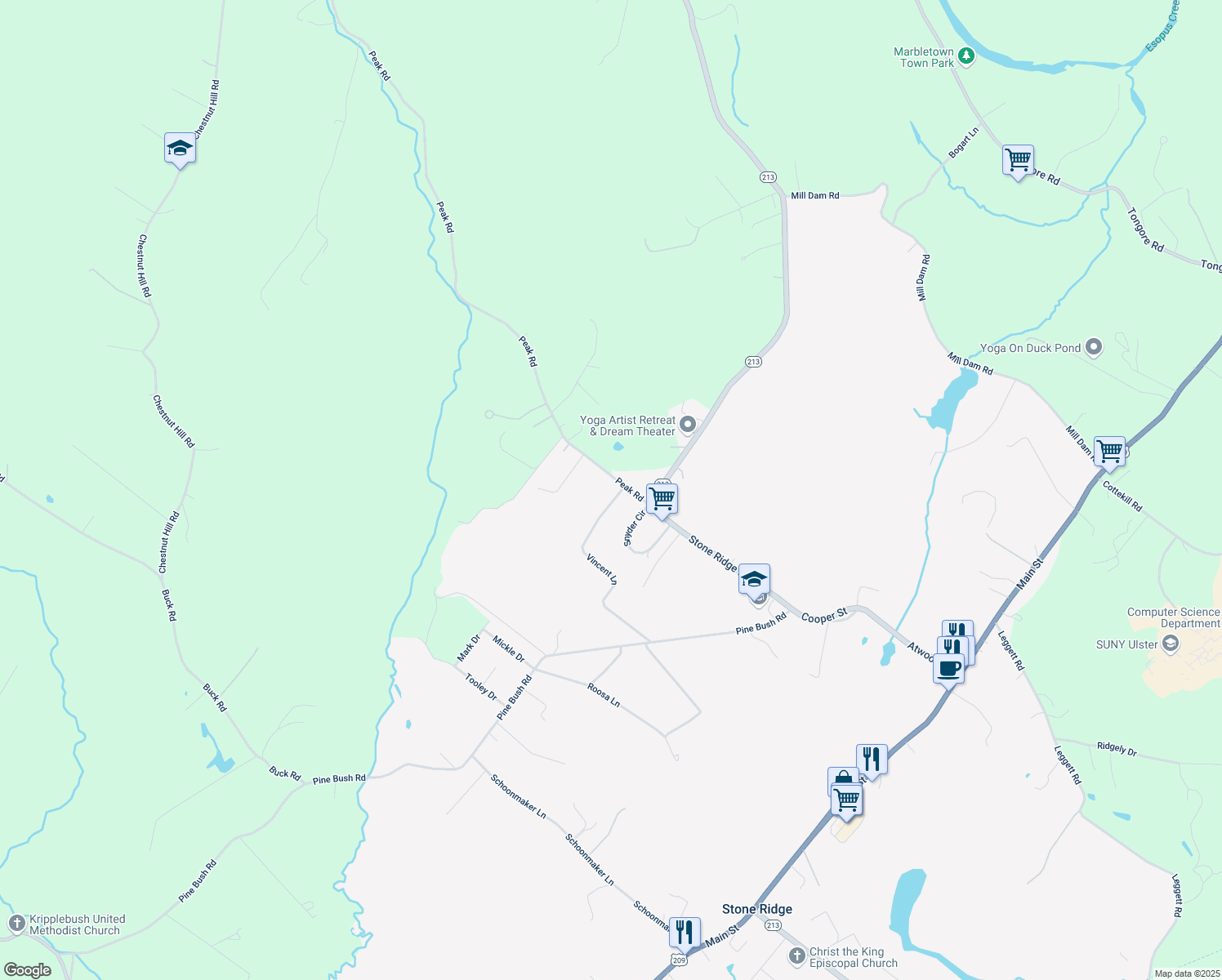 map of restaurants, bars, coffee shops, grocery stores, and more near 25 Peak Road in Stone Ridge